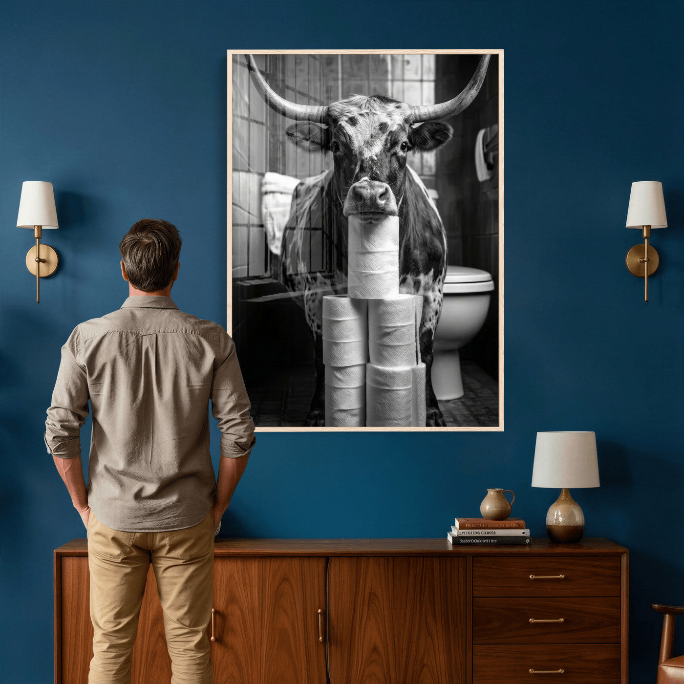 79259956-MGV-CV-24X36 - Texas Longhorn Cow Toilet Paper Canvas Wall Art, Funny Bathroom Black White Print, Cute Animal Humor Decor, Quirky Farmhouse Bathroom Art, Cow Lover Gift