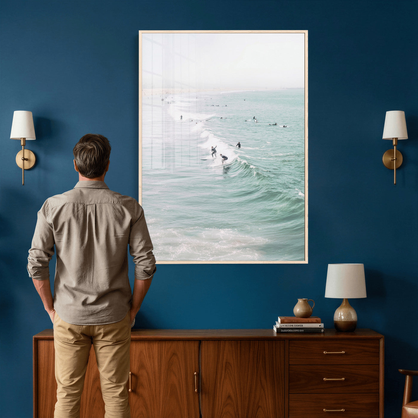 58043762-MGV-CV-24X36 - Surfers on Waves Canvas Wall Art, Aerial Ocean Photography Print, Mint Green Surf Decor, California Beach House Art, Coastal Sports Wall Decor