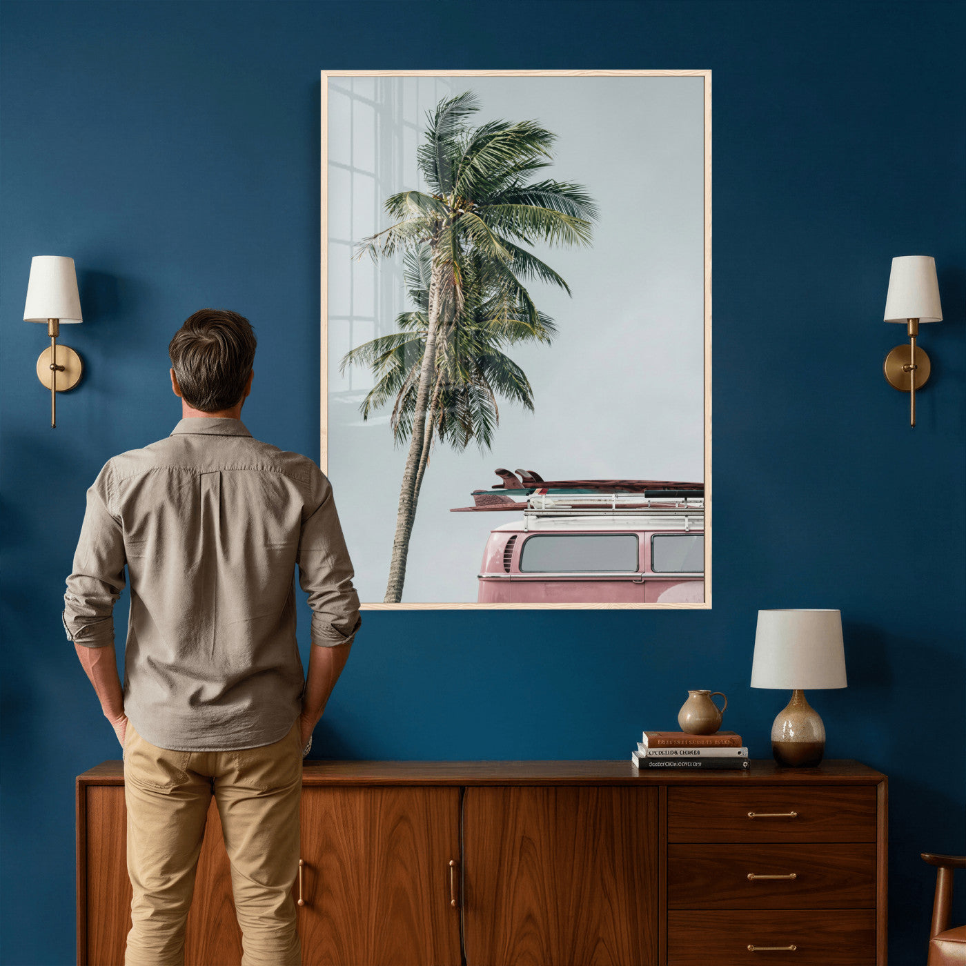 73117797-MGV-CV-24X36 - VW Van Palm Tree Canvas Wall Art, Pink Camper Surfboards Beach Print, Retro Surf Photography Decor, Coastal Boho Wall Art, Surfer Gift Idea