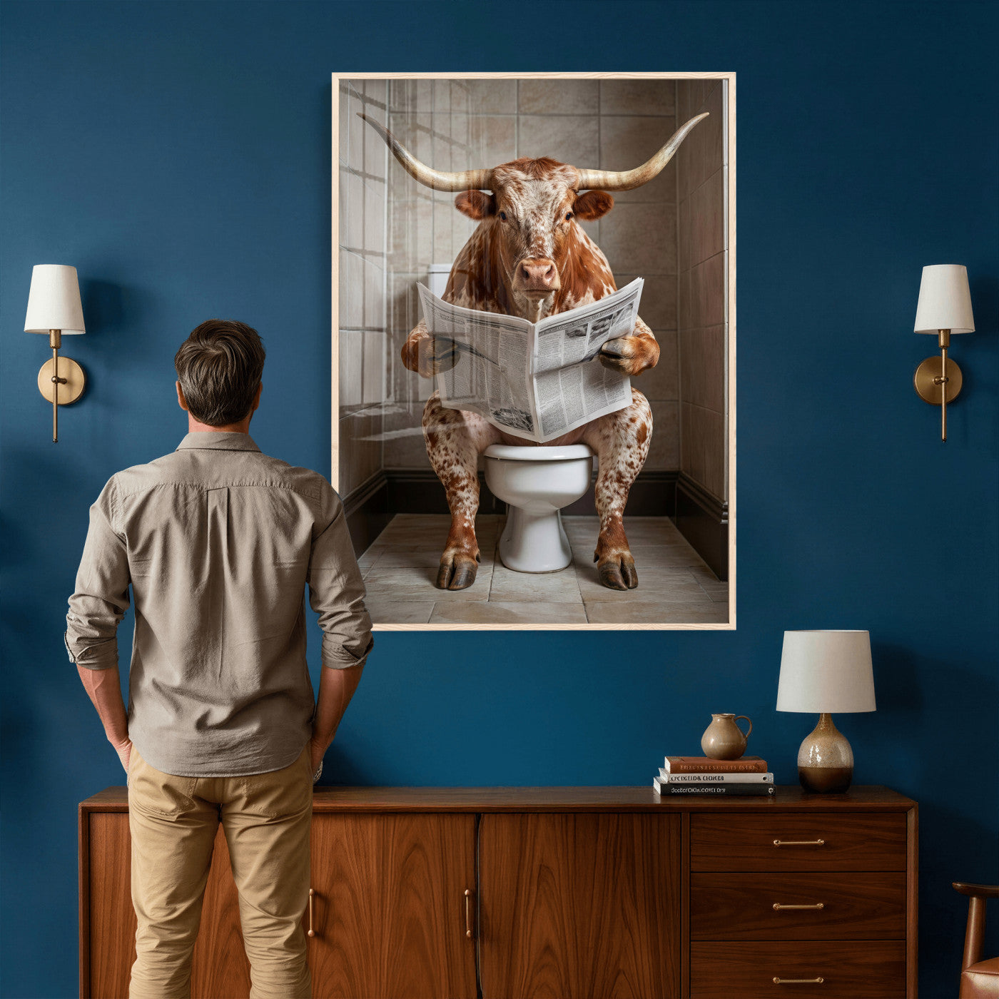 17728527-MGV-CV-24X36 - Funny Bathroom Canvas Wall Art, Texas Longhorn on Toilet Reading Newspaper, Humor Animal Print, Farmhouse Bathroom Decor, Quirky Cow Gift, Toilet Room Art
