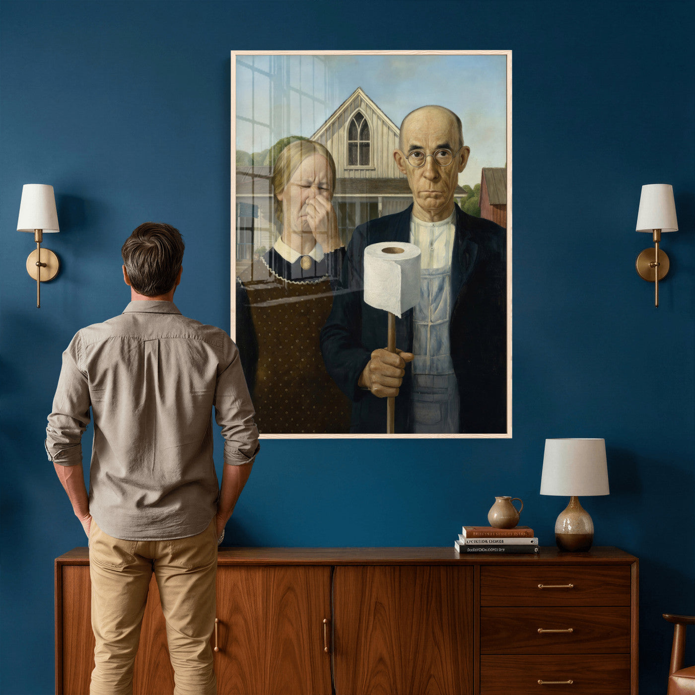 46805085-MGV-CV-24X36 - Funny Bathroom Canvas Wall Art, Grant Wood American Gothic Toilet Paper Parody Print, Humor Bathroom Decor, Classic Art Spoof, Quirky Housewarming Gift