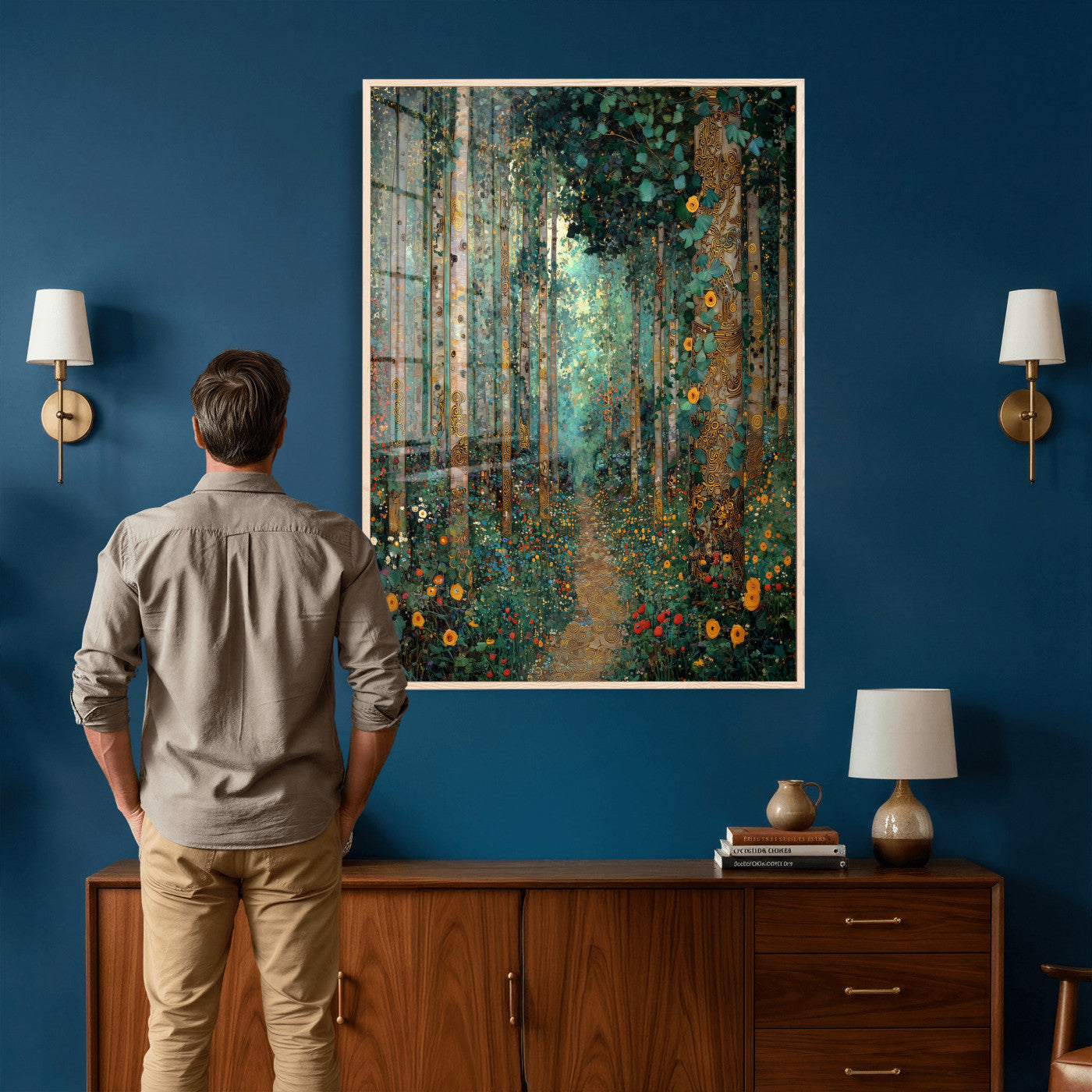 76587981-MGV-CV-24X36 - Gustav Klimt Style Forest Canvas Wall Art, Golden Forest Path Floral Art Nouveau Print, Enchanted Woodland Decor, Maximalist Colorful Nature Art