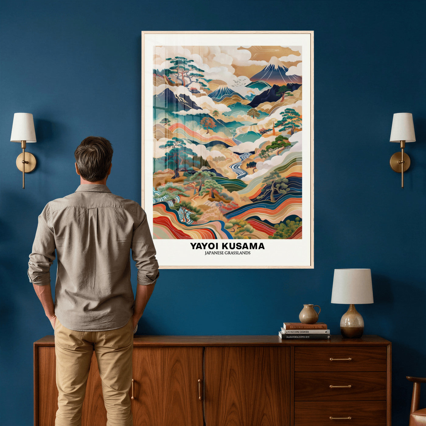 71553303-MGV-CV-24X36 - Yayoi Kusama Japanese Landscape Wall Art Canvas Print, Colorful Mountain and River Framed Artwork, Nature Inspired Asian Scenic Decor for Living Room Bedroom Office