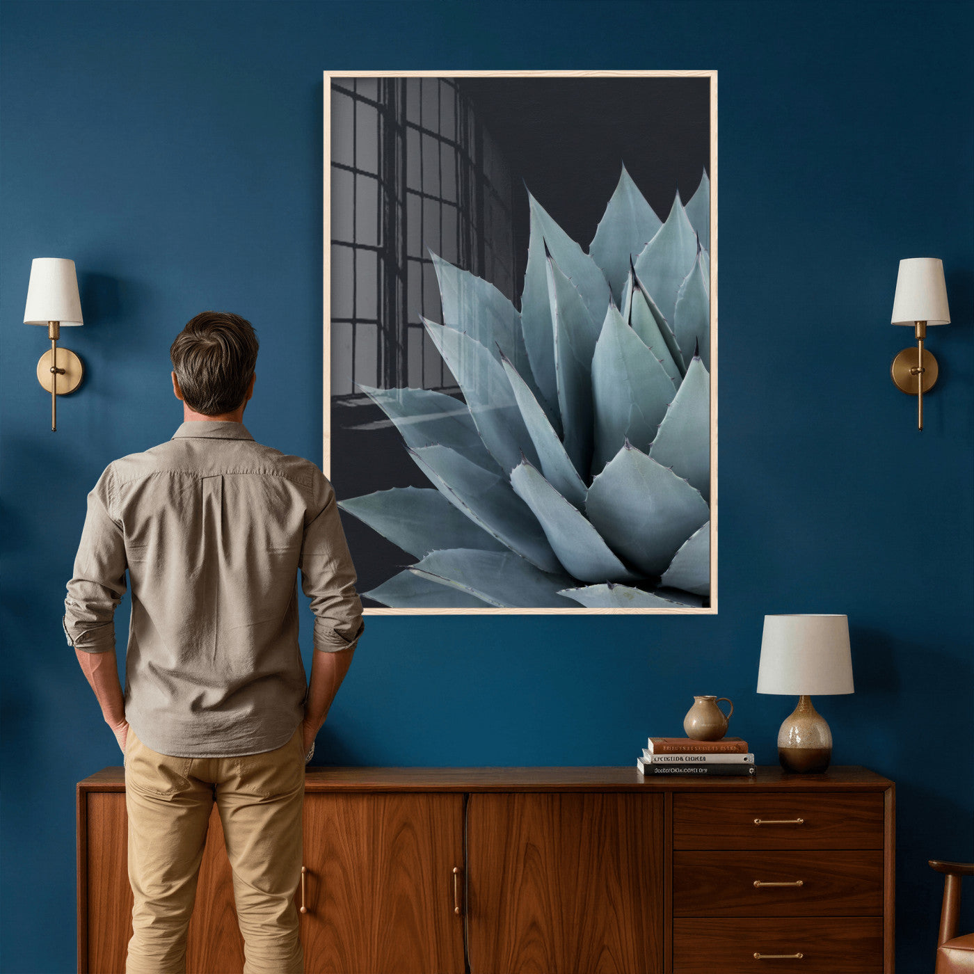 59803798-MGV-CV-24X36 - Agave Wall Art Canvas Print, Blue Green Succulent Botanical Framed Artwork, Minimalist Desert Plant Decor for Living Room Bedroom Office Bathroom