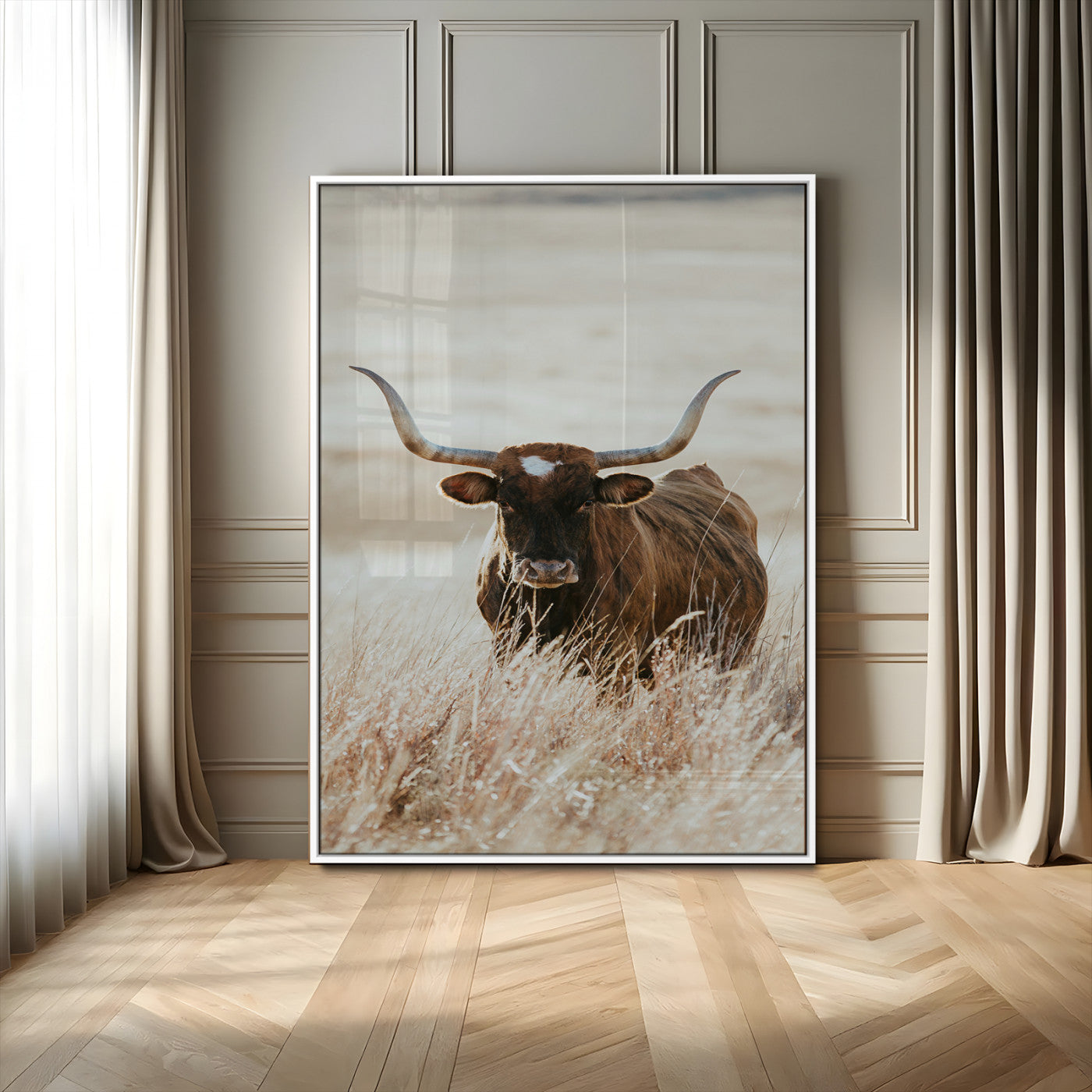 MGV-FP-48X32-3P - Texas Longhorn Wall Art Canvas Print, Framed Brown Cattle Art Picture Print, Horned Bull Perfect Rustic Western Decor Artwork