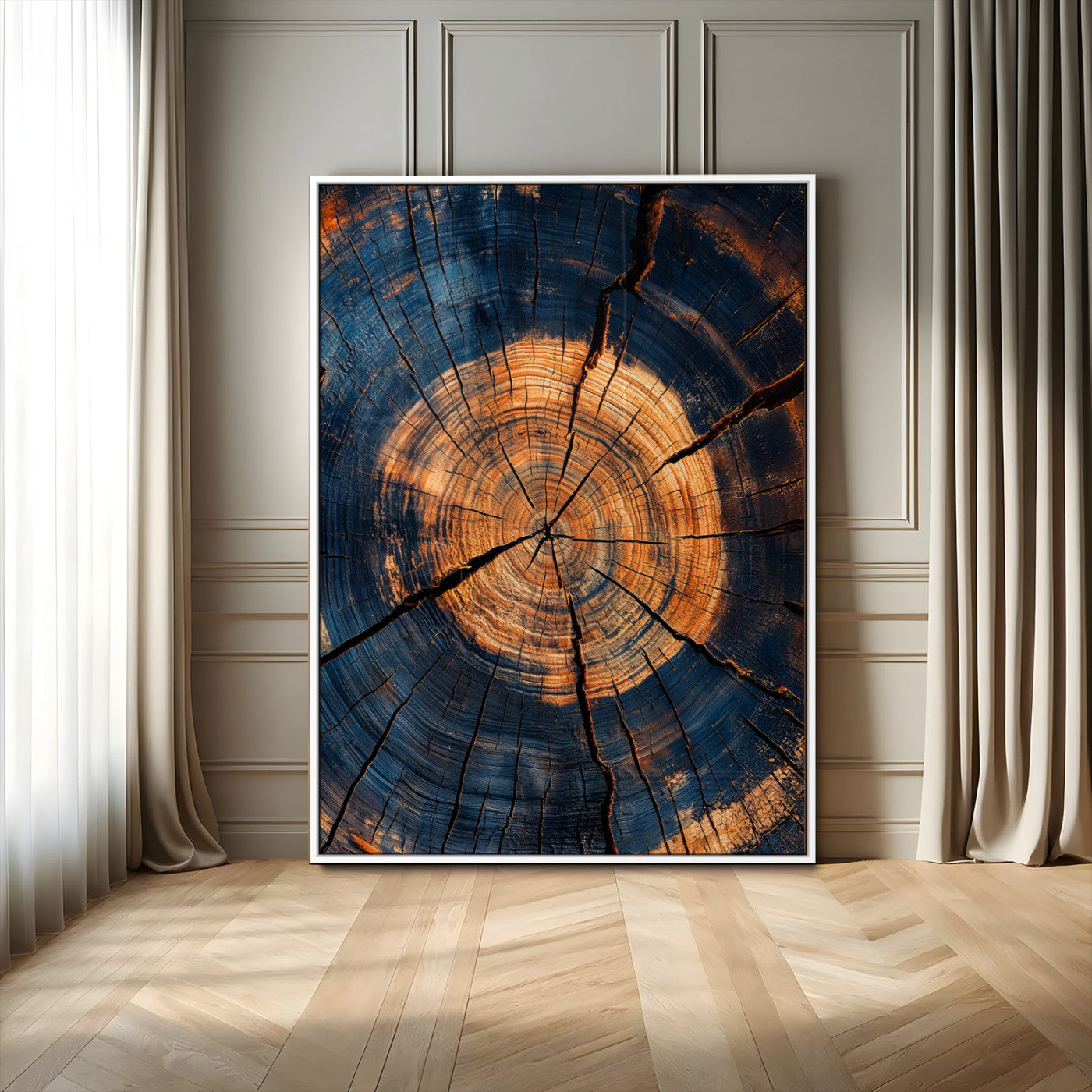 MGV-FP-48X32-3P - Tree Rings Wall Art Canvas Print, Framed Rustic Texture Art Picture Print, Wood Grain Perfect Rustic Industrial Decor Artwork