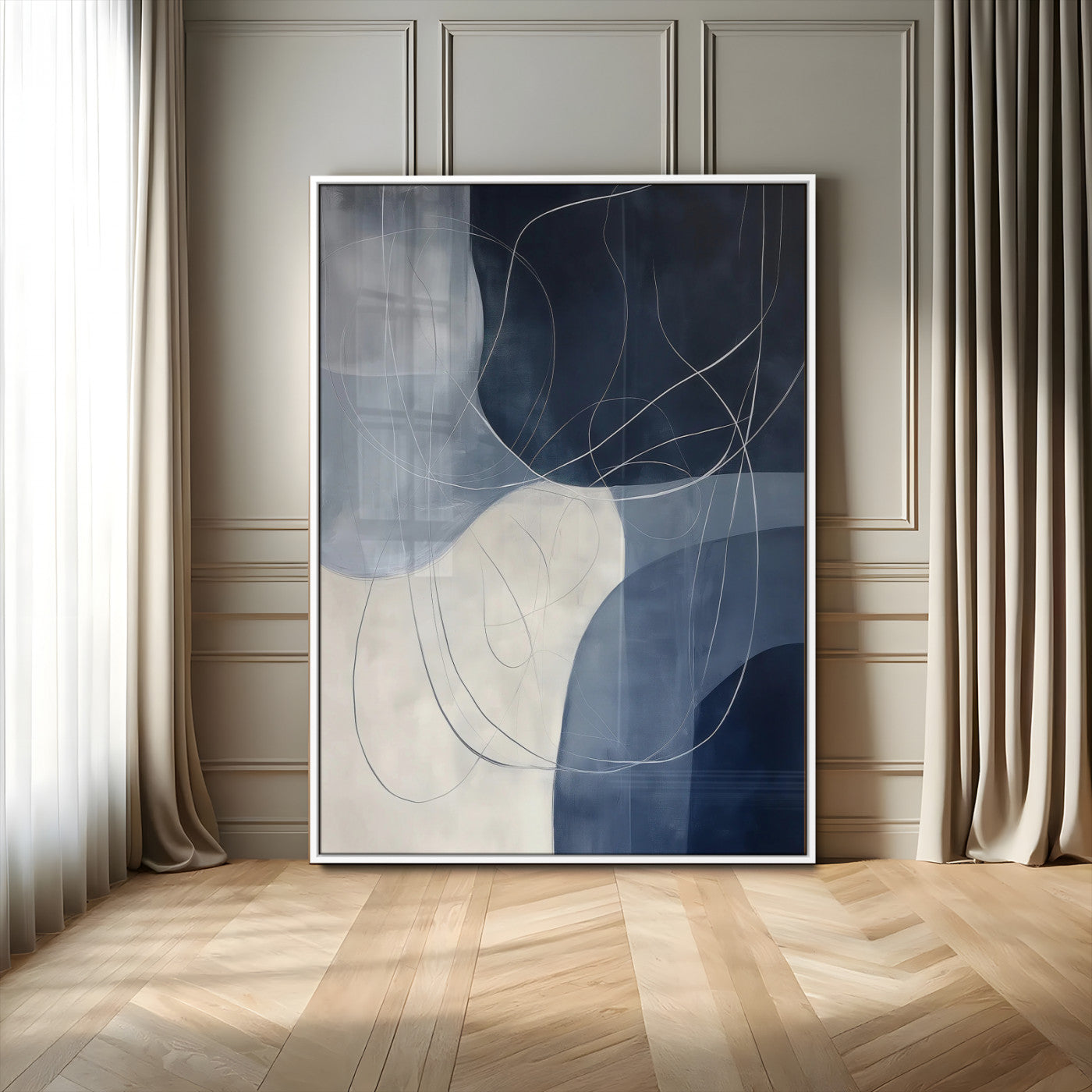 MGV-FP-48X32-3P - Navy Abstract Wall Art Canvas Print, Framed Minimal Lineart Art Picture Print, Abstract Shapes Perfect Minimalist Abstract Decor Artwork