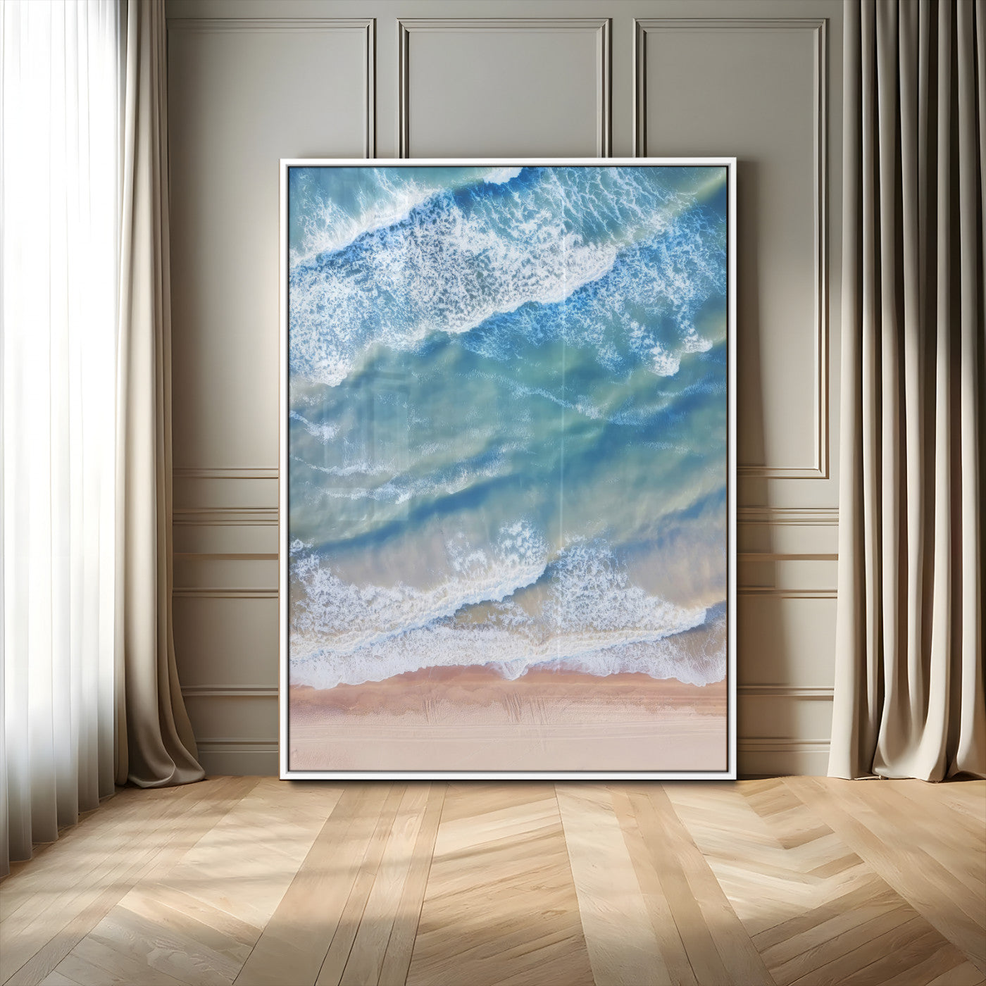 MGV-FP-48X32-3P - Aerial Ocean View Wall Art Canvas Print, Framed Soft Blue Waves Art Picture Print, Sandy Shoreline Perfect Modern Coastal Decor Artwork