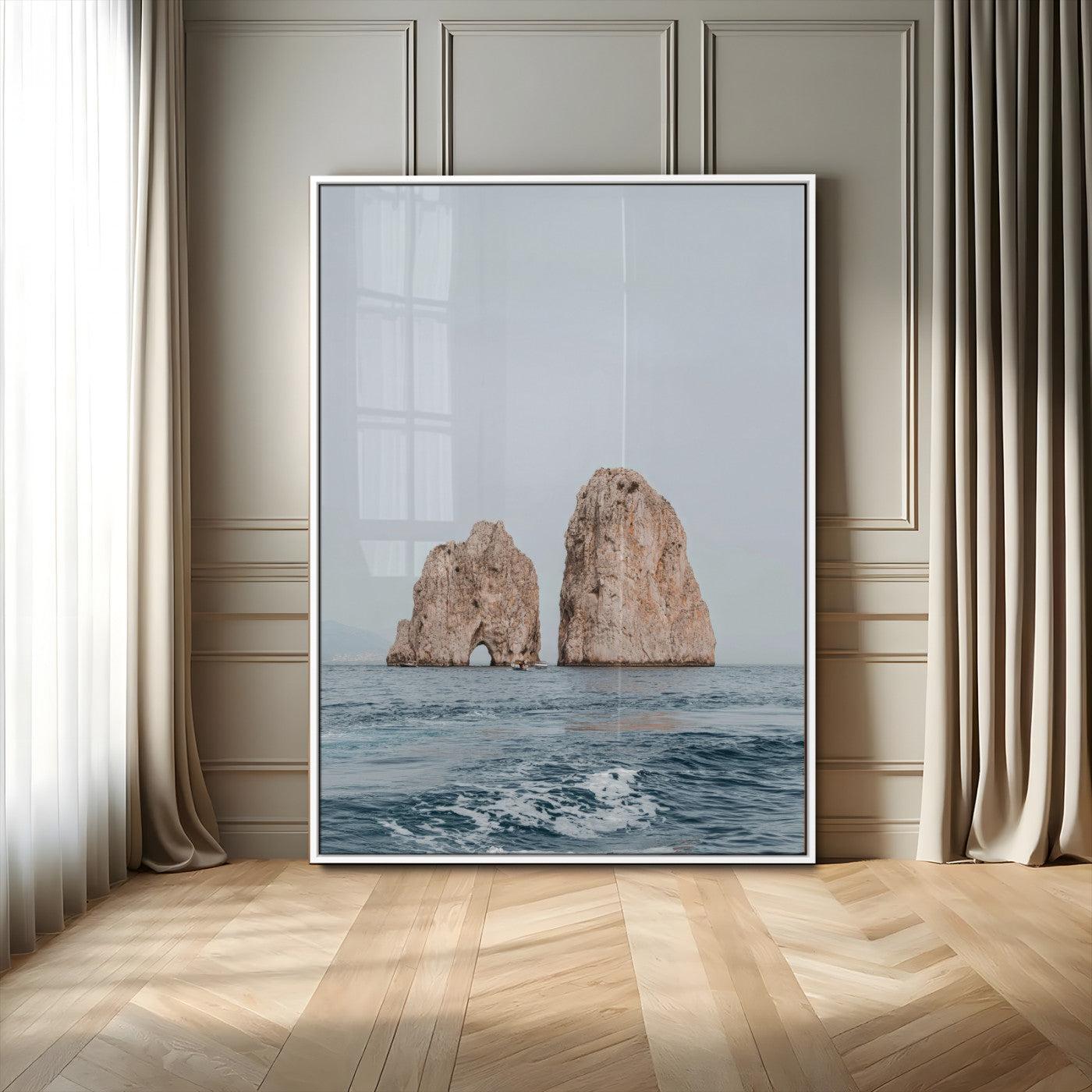 MGV-FP-48X32-3P - Faraglioni Capri Wall Art Canvas Print, Framed Serene Ocean Art Picture Print, Mediterranean Coastal View Perfect Mediterranean Minimalist Decor Artwork