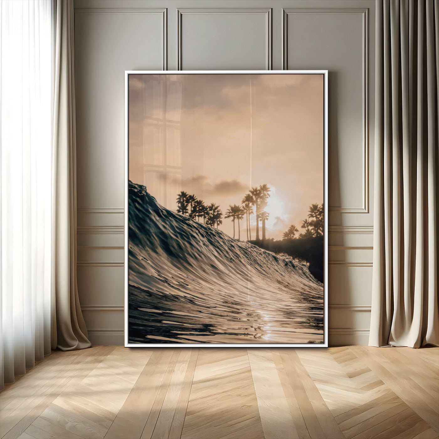 MGV-FP-48X32-3P - Golden Hour Ocean Wave Wall Art Canvas Print, Framed Tropical Beach Sunset Art Picture Print, Palm Tree Silhouettes Perfect Tropical Coastal Decor Artwork