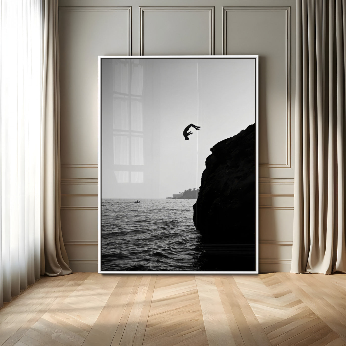MGV-FP-48X32-3P - Cliff Jumping Silhouette Wall Art Canvas Print, Framed Black White Ocean Art Picture Print, Monochrome Cliff Dive Perfect Minimalist Adventure Decor Artwork