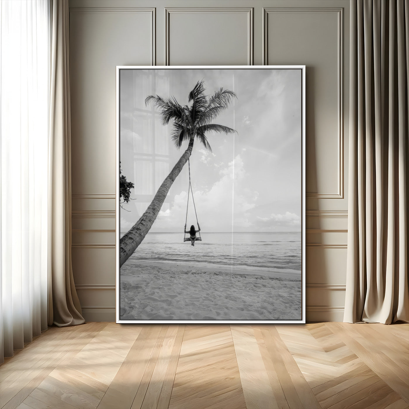 MGV-FP-48X32-3P - Black White Palm Tree Wall Art Canvas Print, Framed Minimalist Beach Swing Art Picture Print, Monochrome Coastal Perfect Minimalist Coastal Decor Artwork