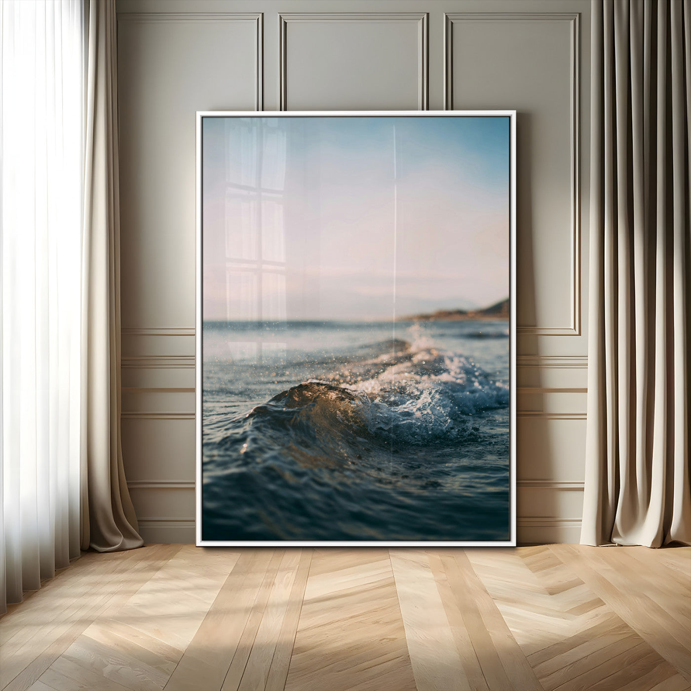 MGV-FP-48X32-3P - Ocean Waves Wall Art Canvas Print, Framed Coastal Serenity Art Picture Print, Golden Hour Perfect Modern Coastal Decor Artwork