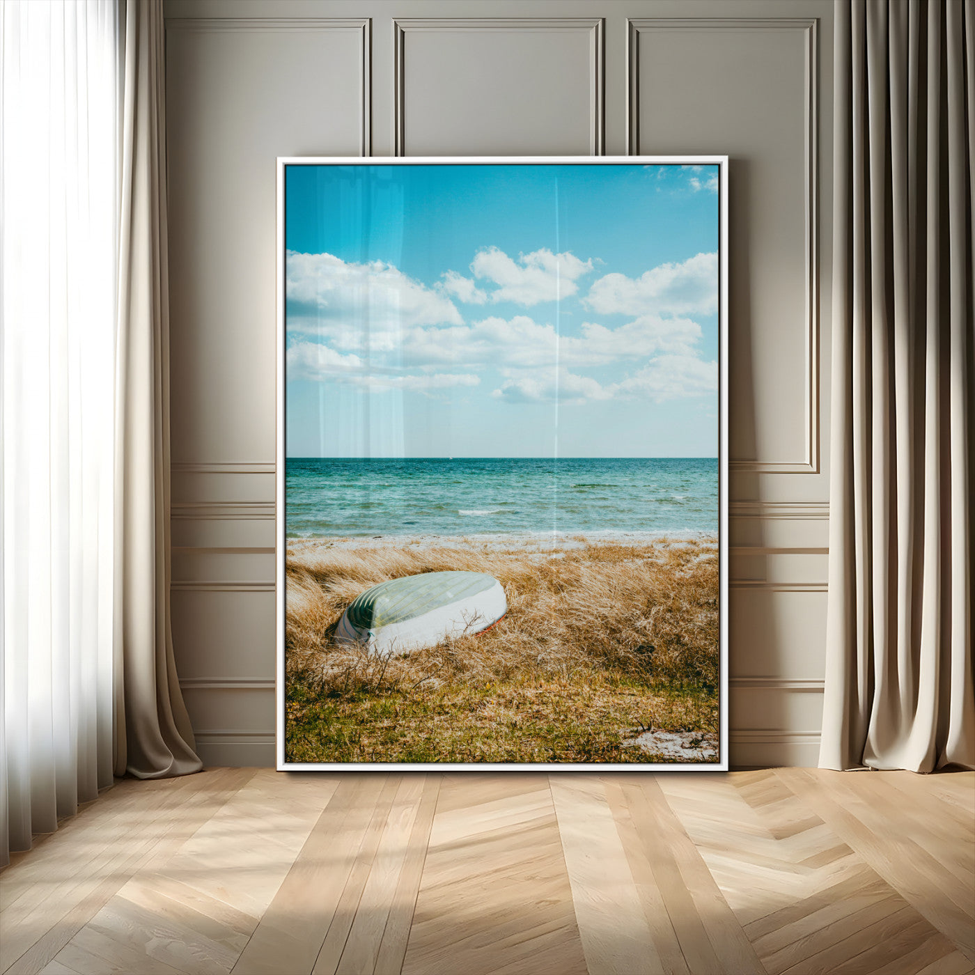 MGV-FP-48X32-3P - Coastal Serenity Wall Art Canvas Print, Framed Ocean View Art Picture Print, Rustic Boat Perfect Nautical Coastal Decor Artwork