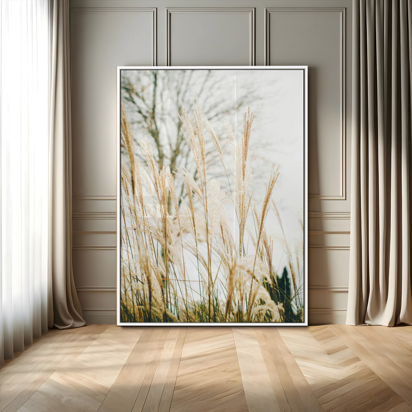 MGV-FP-48X32-3P - Pampas Grass Wall Art Canvas Print, Framed Neutral Tones Art Picture Print, Minimalist Nature Perfect Boho Minimalist Decor Artwork