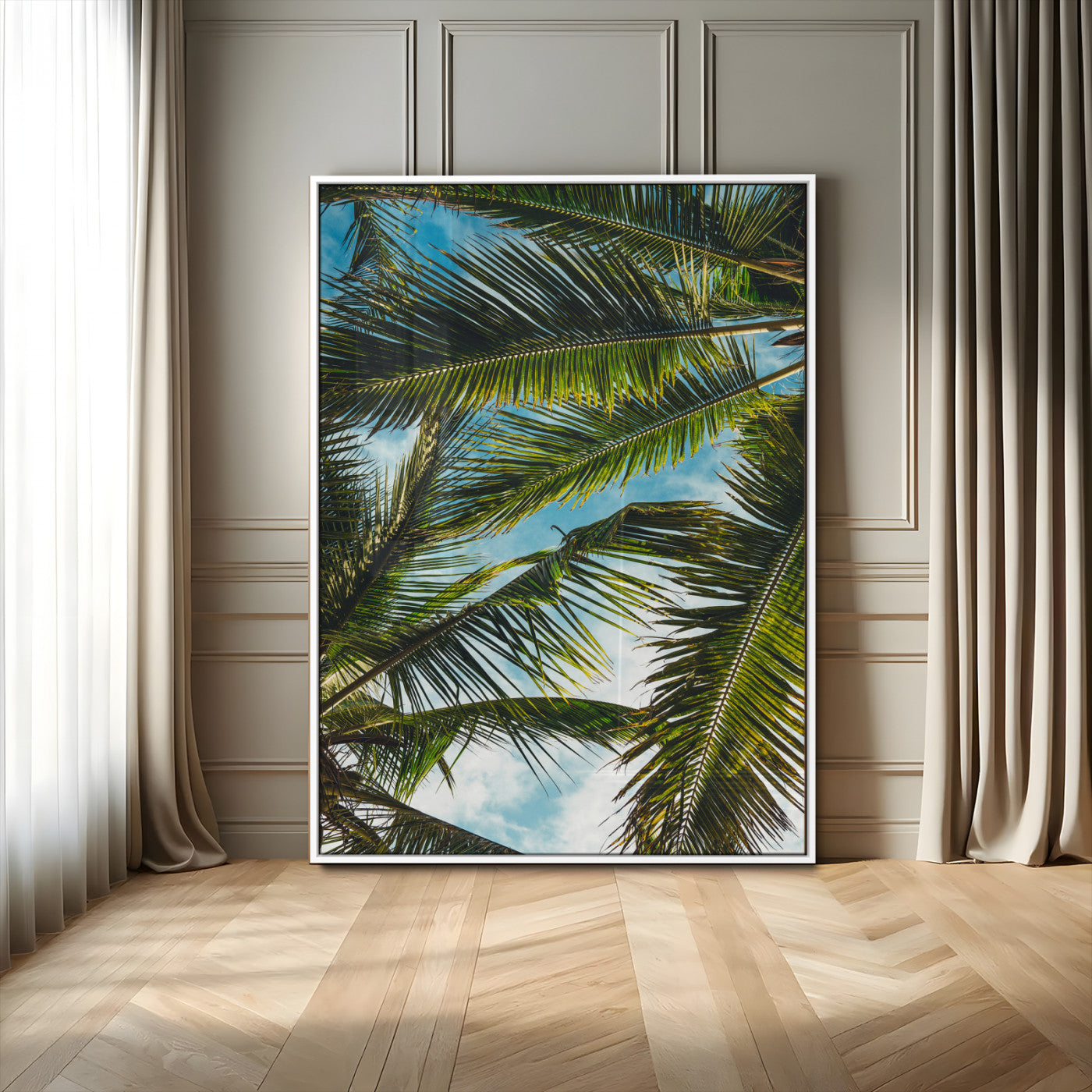 MGV-FP-48X32-3P - Palm Leaves Wall Art Canvas Print, Framed Tropical Vibes Art Picture Print, Green Foliage Perfect Tropical Boho Decor Artwork