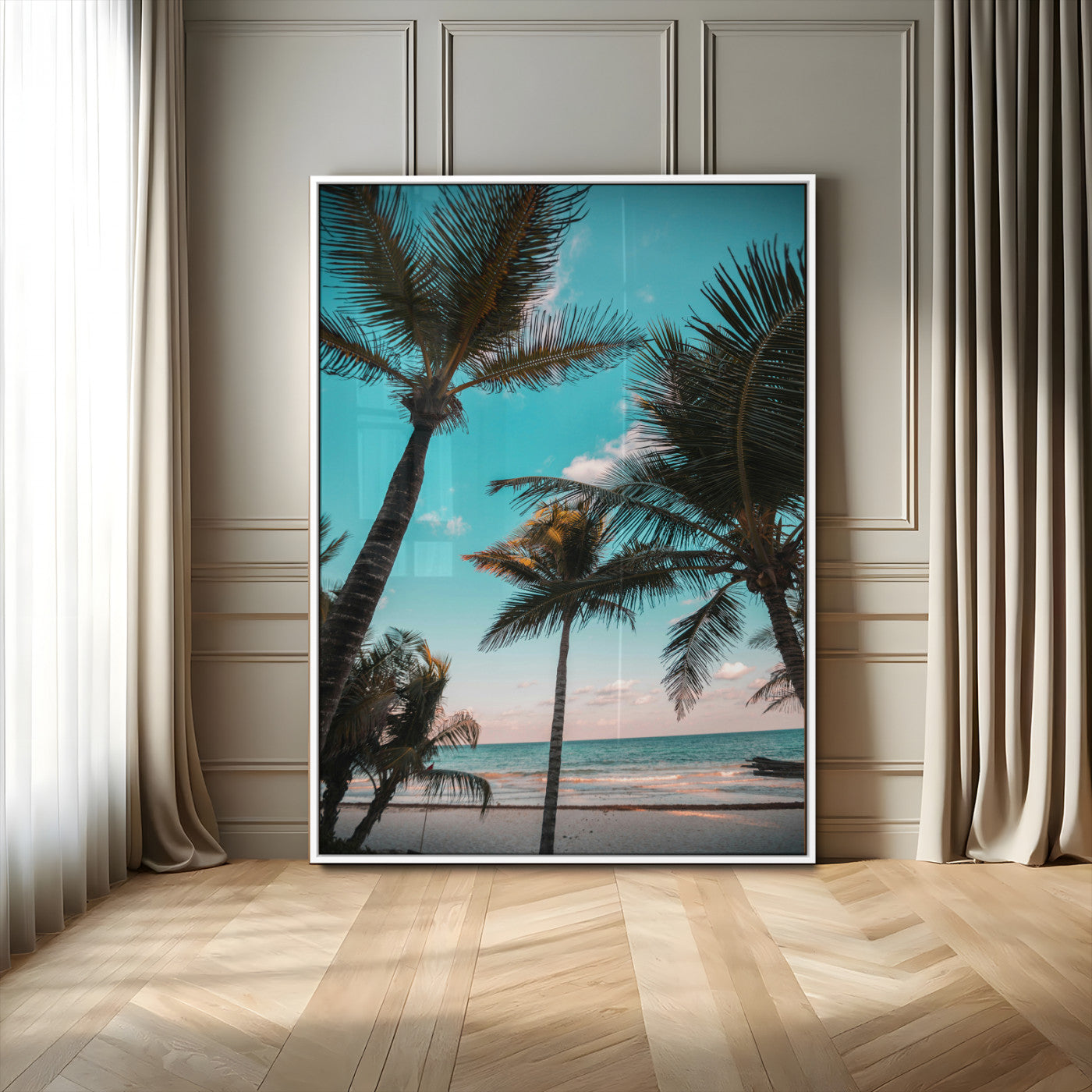 MGV-FP-48X32-3P - Palm Trees Wall Art Canvas Print, Framed Tropical Beach Art Picture Print, Ocean Breeze Perfect Tropical Coastal Decor Artwork