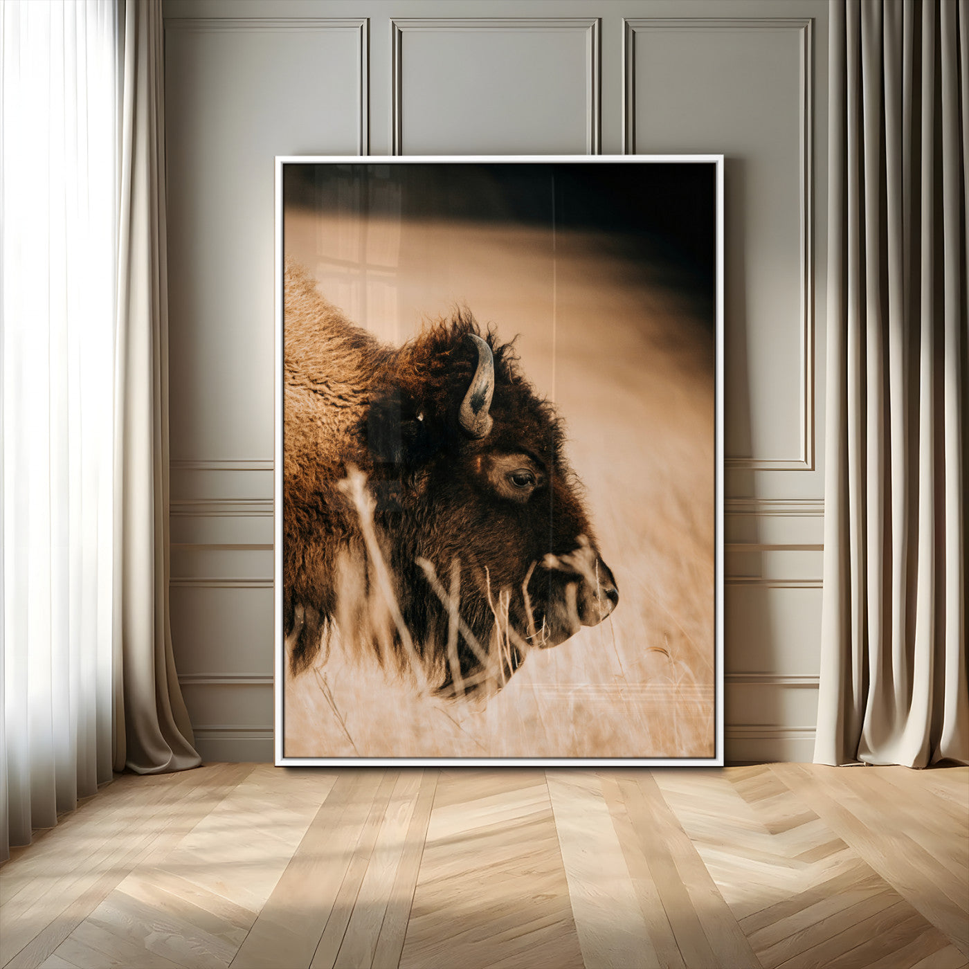 MGV-FP-48X32-3P - Bison Portrait Wall Art Canvas Print, Framed Western Landscape Art Picture Print, Prairie Serenity Perfect Modern Ranch Decor Decor Artwork