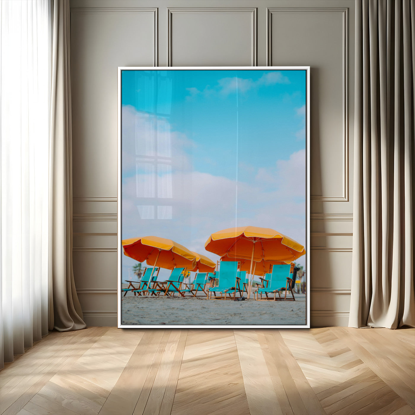 MGV-FP-48X32-3P - Beach Umbrellas Wall Art Canvas Print, Framed Coastal Vibes Art Picture Print, Tropical Paradise Perfect Coastal Boho Decor Artwork