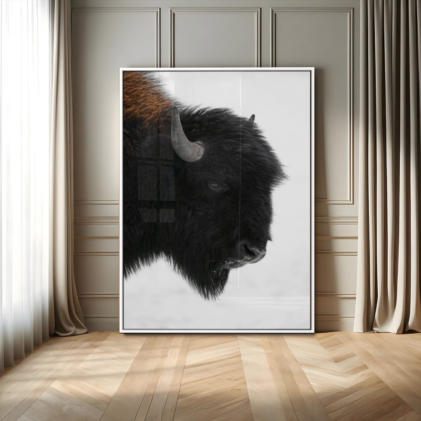 MGV-FP-48X32-3P - Western Rustic Wall Art Canvas Print, Framed Buffalo Photography Art Picture Print, Black and White Wildlife Perfect Country Decor Artwork