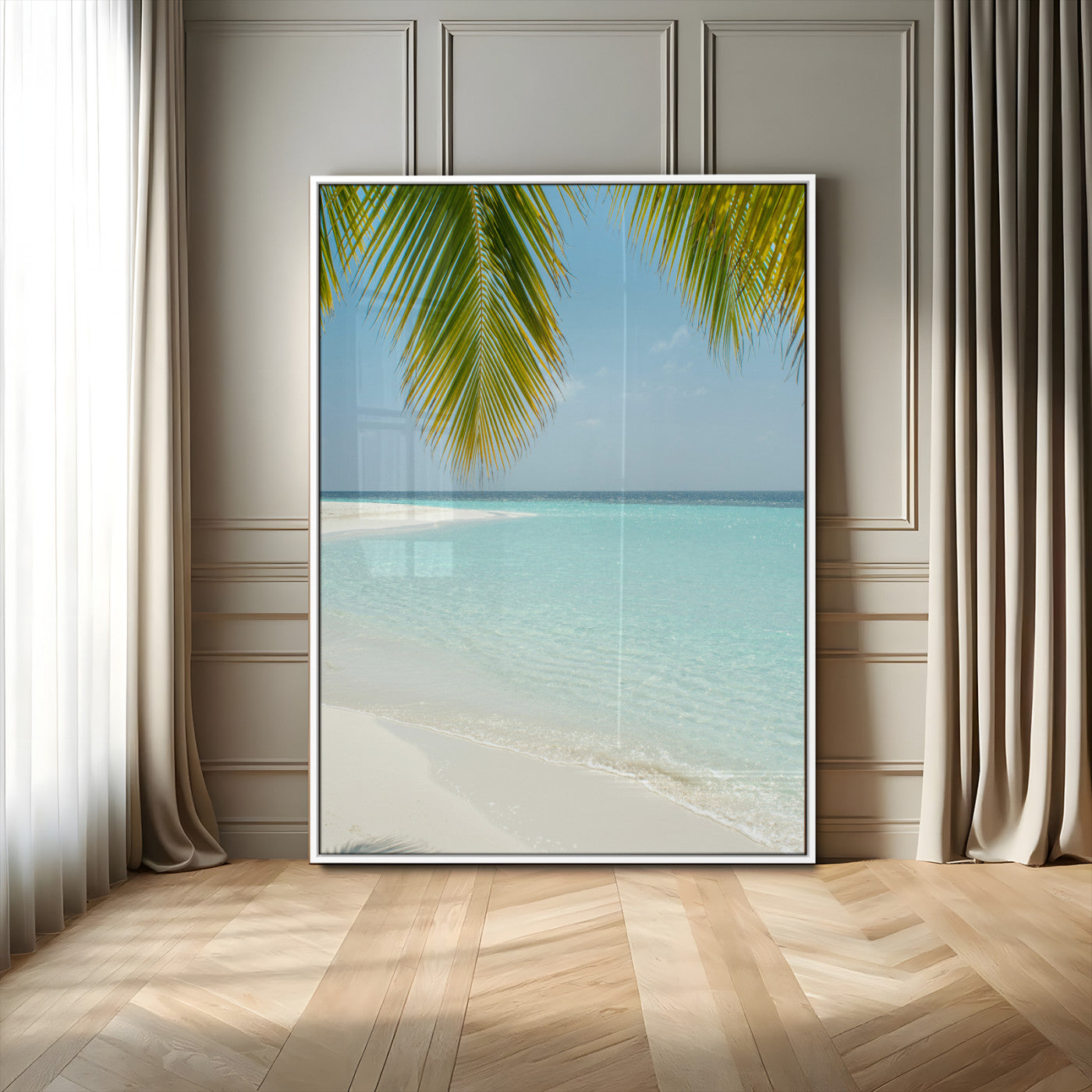 MGV-FP-48X32-3P - Azure Water Wall Art Canvas Print, Framed Tranquil Island Escape Art Picture Print, Clear Blue Ocean Perfect Coastal Minimalist Decor Artwork