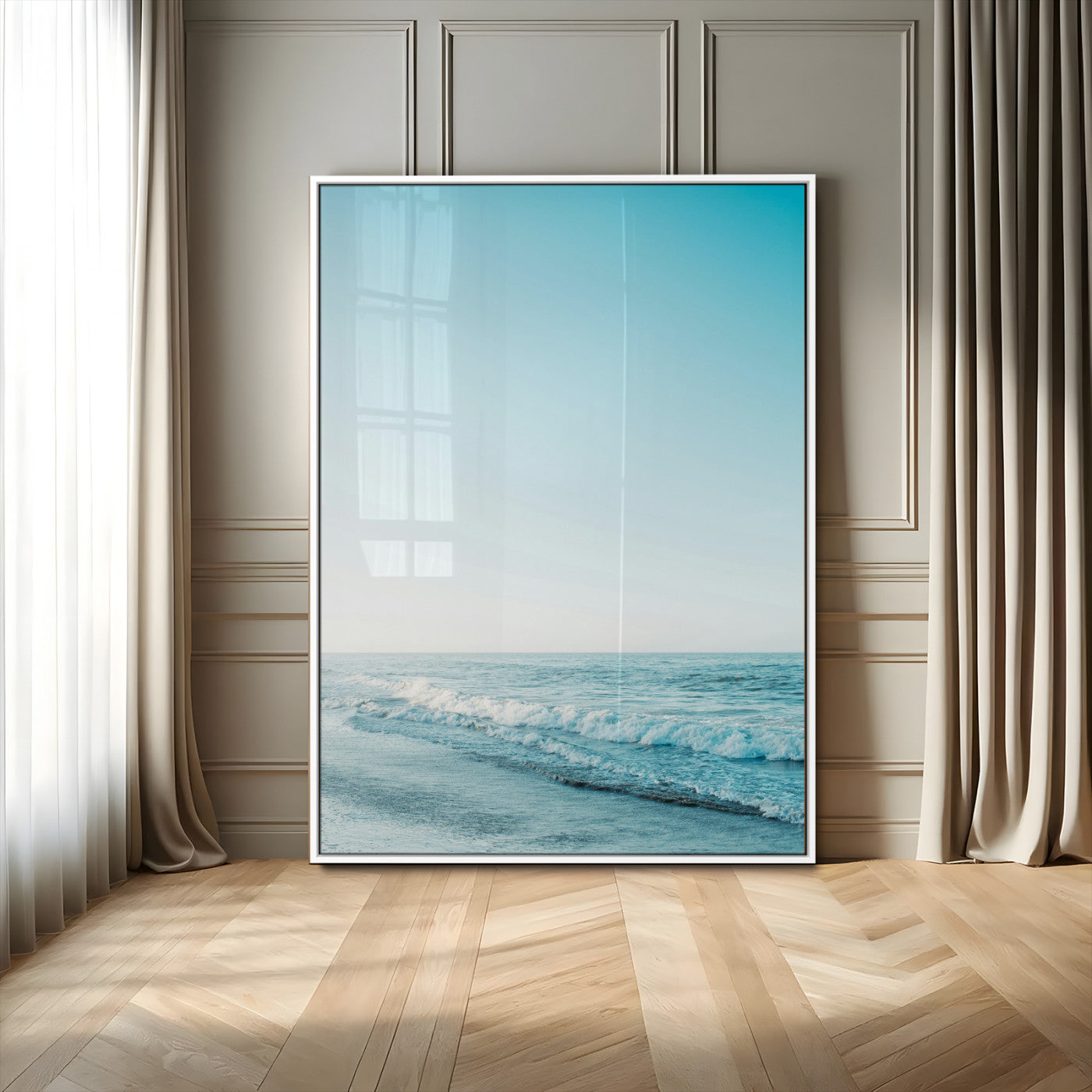 MGV-FP-48X32-3P - Minimalist Ocean Wall Art Canvas Print, Framed Calm Seascape Art Picture Print, Soft Blue Tones Perfect Coastal Minimalist Decor Artwork