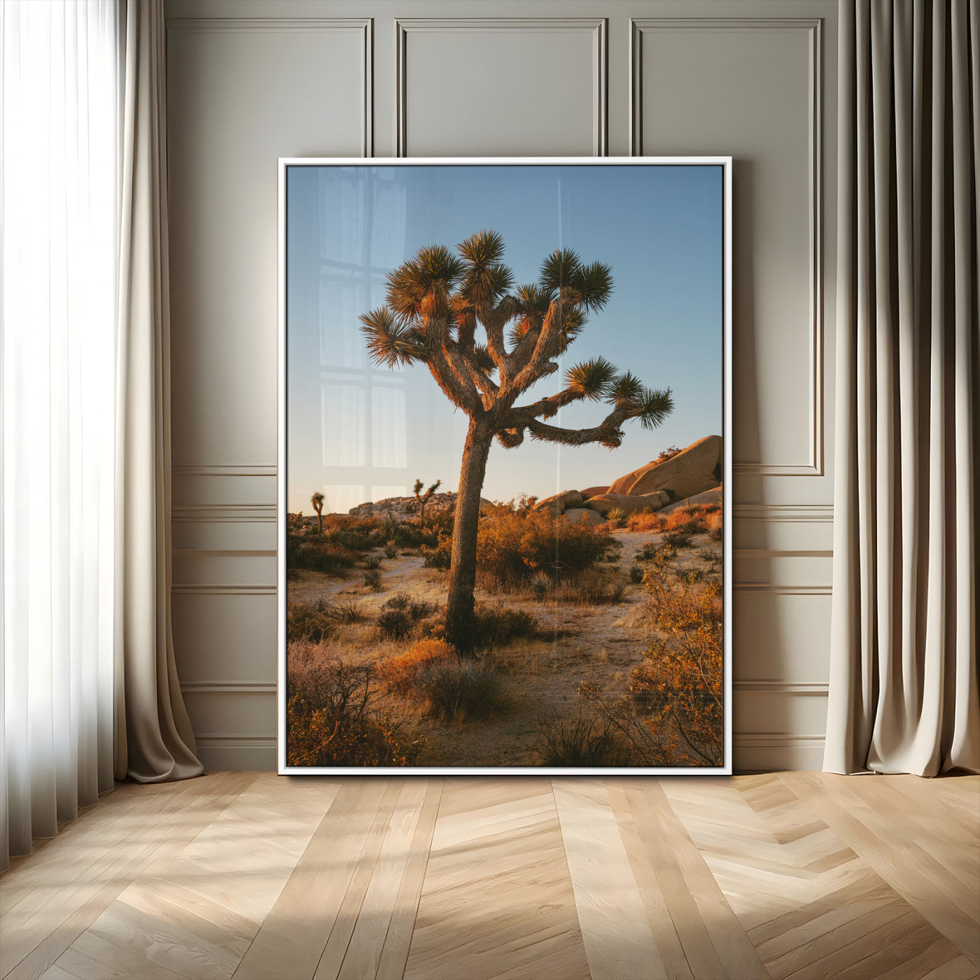 MGV-FP-48X32-3P - Joshua Tree Wall Art Canvas Print, Framed Desert Sunset Art Picture Print, Golden Hour Light Perfect Southwestern Boho Decor Artwork