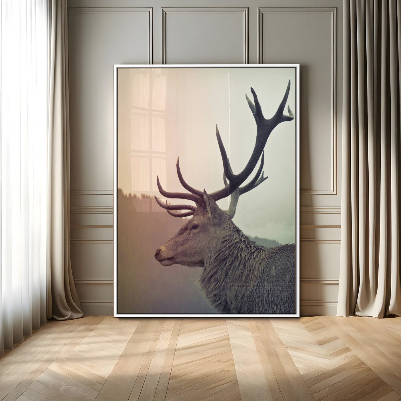MGV-FP-48X32-3P - Deer Canvas Print Wall Art Canvas Print, Framed Woodland Animal Decor Art Picture Print, Rustic Lodge Wall Art Perfect Rustic Lodge Decor Artwork