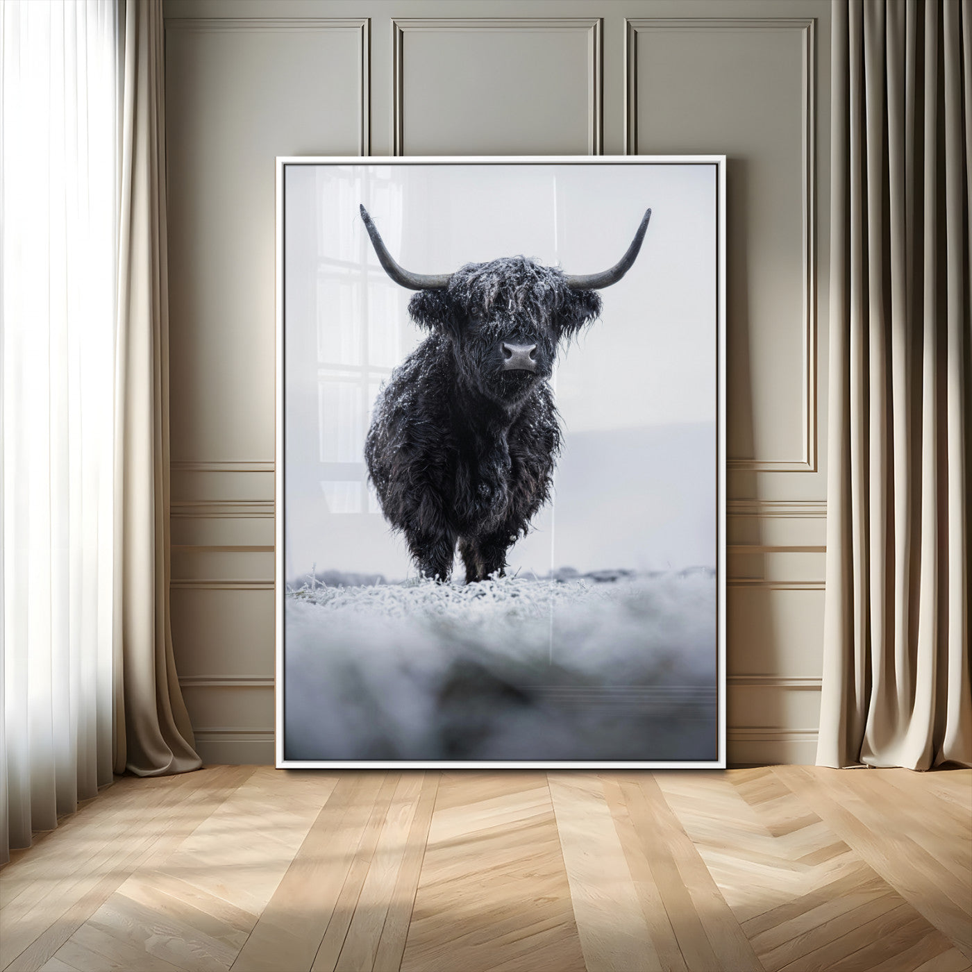 MGV-FP-48X32-3P - Frosty Black Highland Wall Art Canvas Print, Framed Moody Winter Aesthetic Art Picture Print, Scottish Highlands Perfect Modern Rustic Decor Artwork