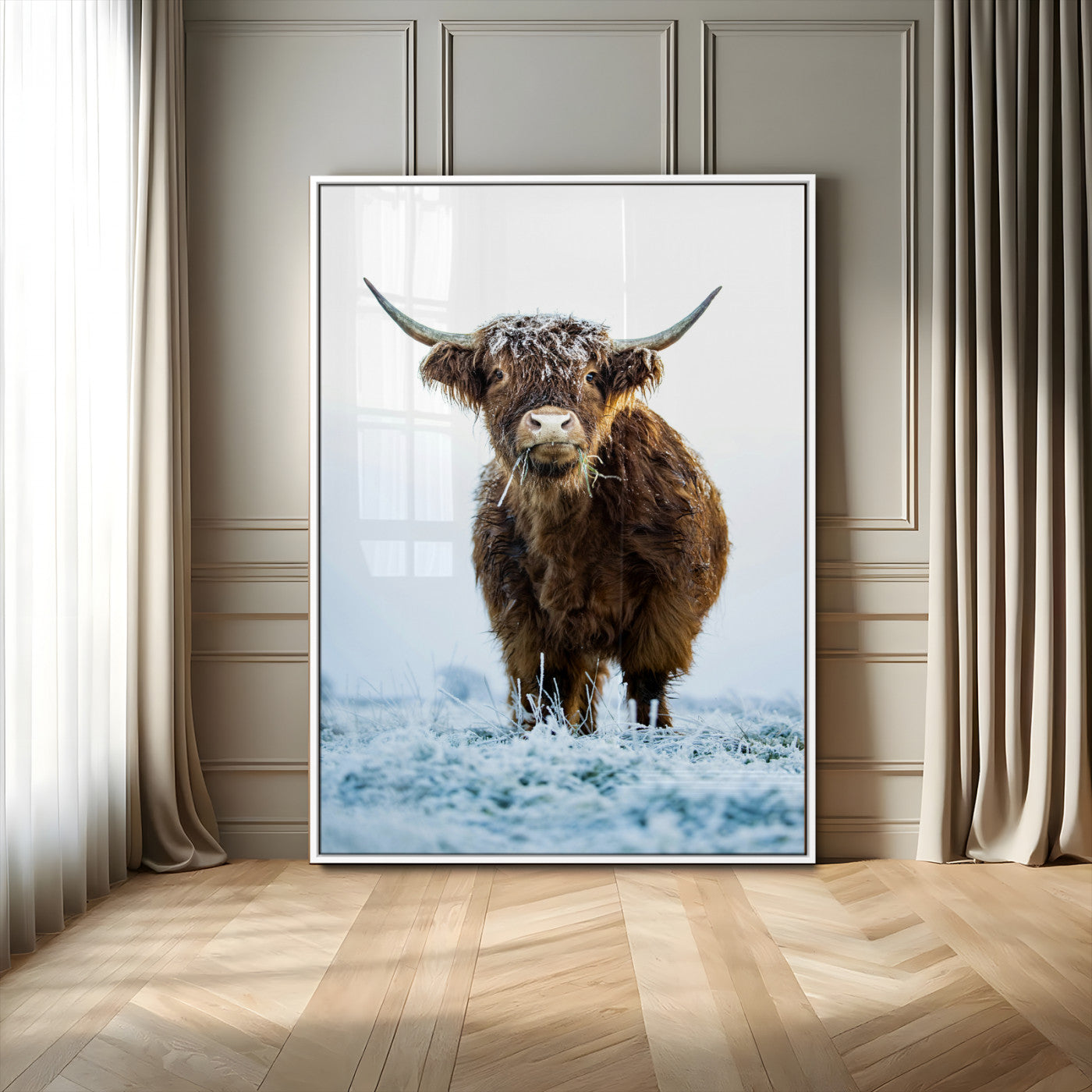 MGV-FP-48X32-3P - Highland Cow Wall Art Canvas Print, Framed Frosty Grass Art Picture Print, Winter Scene Perfect Rustic Farmhouse Decor Artwork