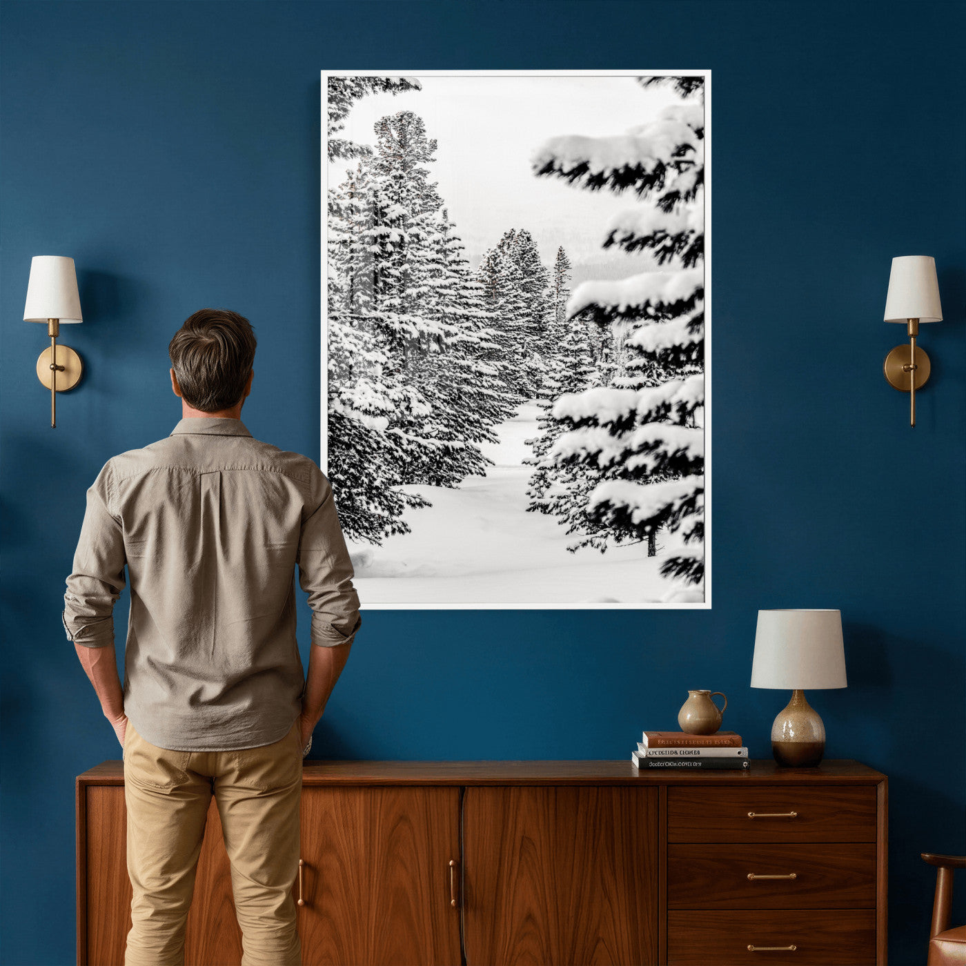 42534505-MGV-CV-24X36 - Snowy Pine Forest Wall Art Canvas Print, Minimal Winter Woodland Landscape, Black and White Nature Artwork