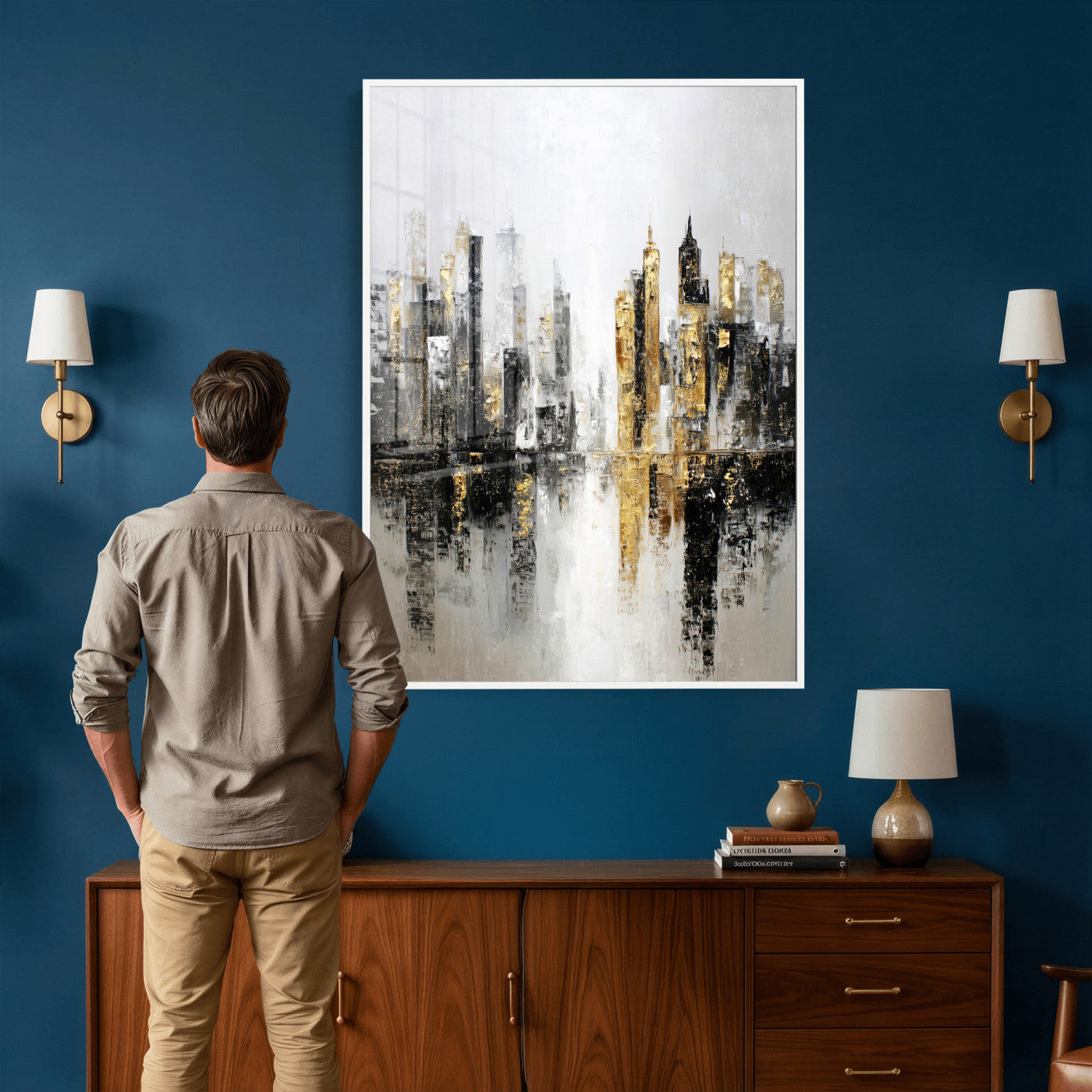 38126217-MGV-CV-24X36 - Abstract Urban Reflection Wall Art Canvas Print, Gold Black Modern Architecture Canvas Print, Contemporary Moody City Artwork for Living Room Decor