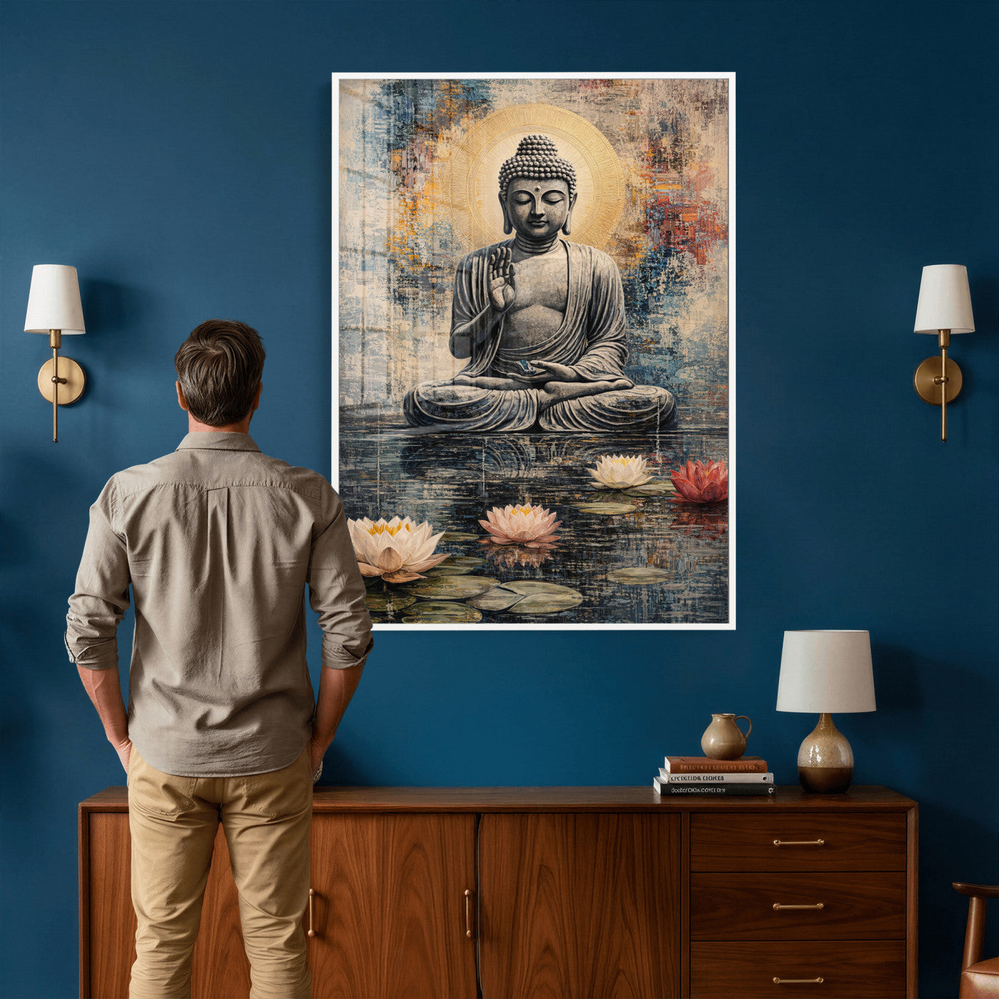 3812625445543-MGV-CV-24X36 - Serene Buddha with Lotus Flowers | Tranquil Meditation Art | Zen Wall Decor for Mindful Living Spaces | Spiritual Canvas Print