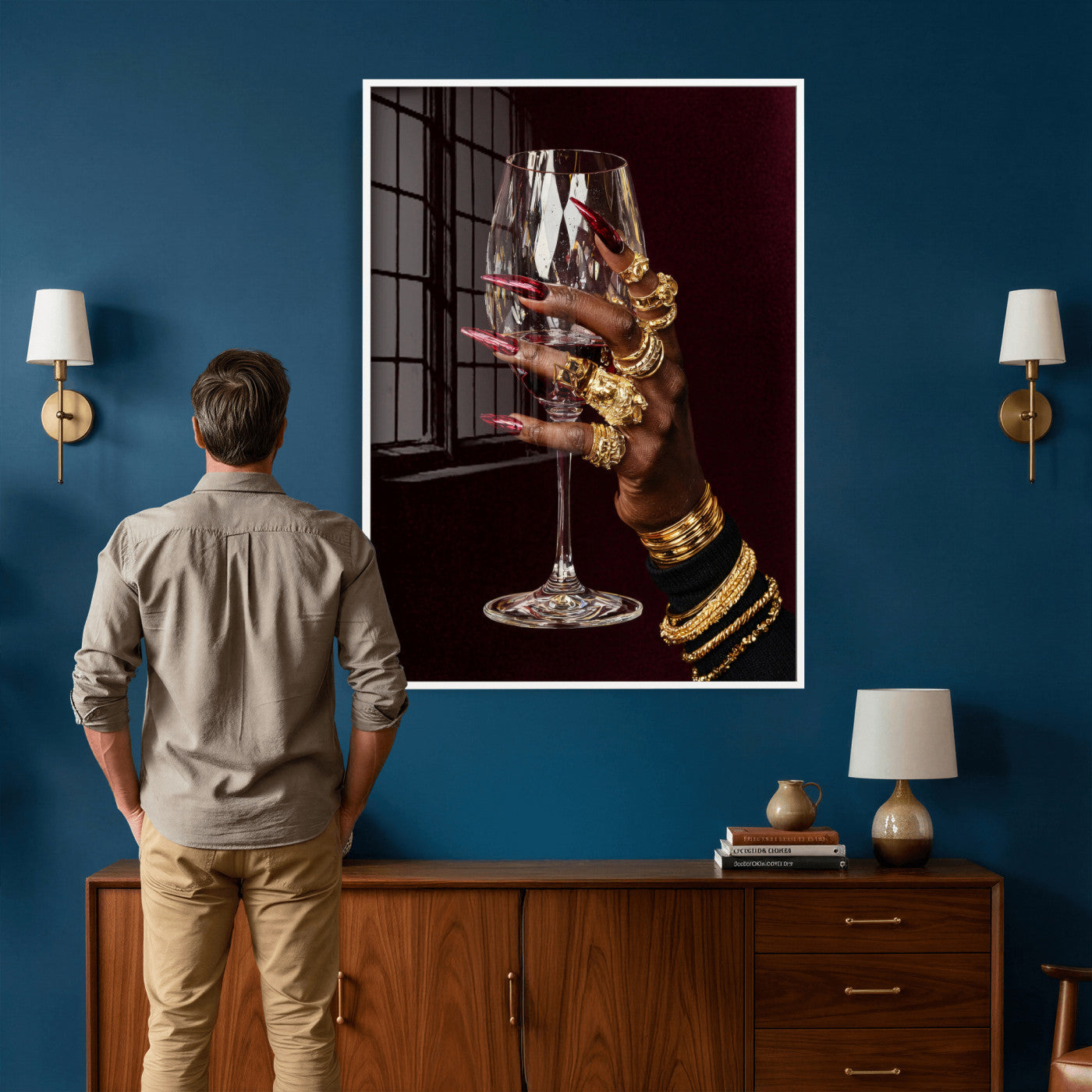 8151788Y6-MGV-CV-24X36 - Black Woman Holding Elegant Wine Glass Art, Black Girl Art, Black Woman Art, Trendy Black Girl Wall Art