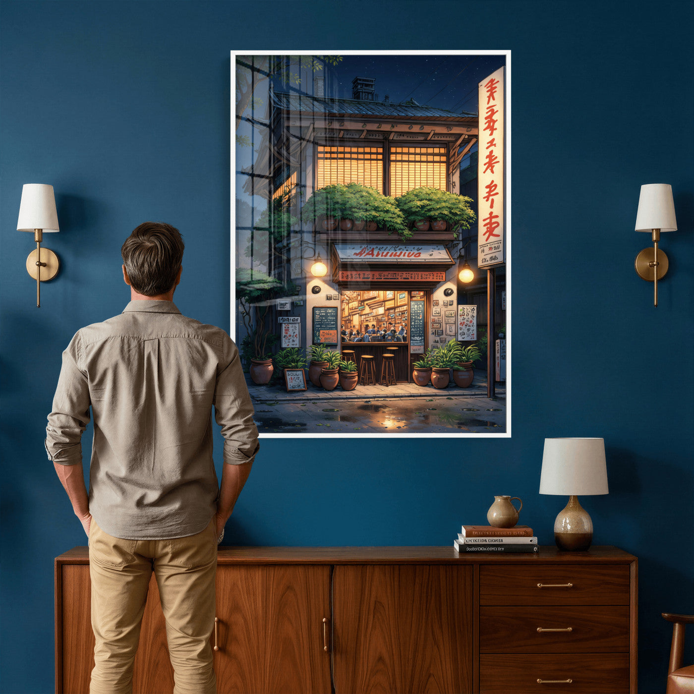 4712069TE1-MGV-CV-24X36 - Evening at the Ramen Shop Canvas Wall Art — Japan Night Anime Print | Japanese Restaurant Decor | Lofi Wall Art | Ramen Lover Gift