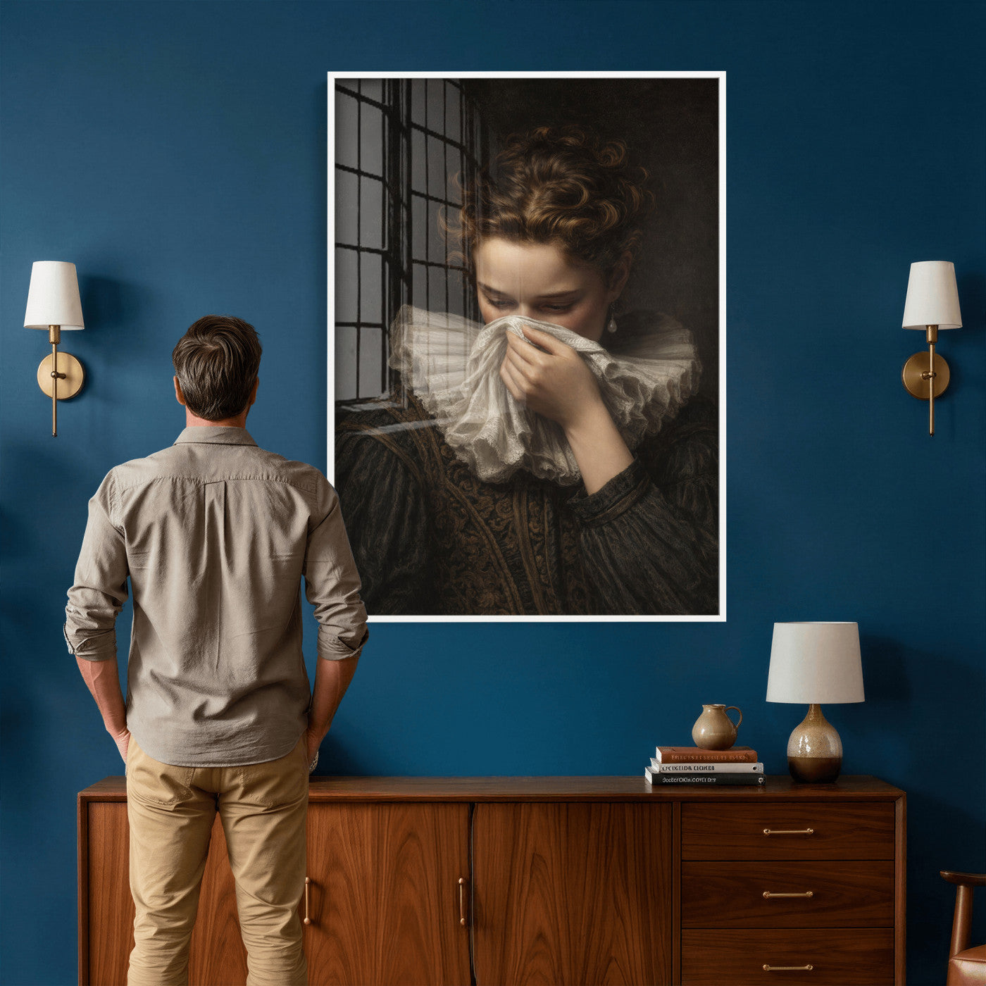 62652430-MGV-CV-24X36 - Baroque Portrait Canvas Wall Art, Flemish Woman with Lace Collar Print for Bathroom Wall Art, Funny Toilet Decor, Renaissance Style Portrait, Moody Vintage Wall Art