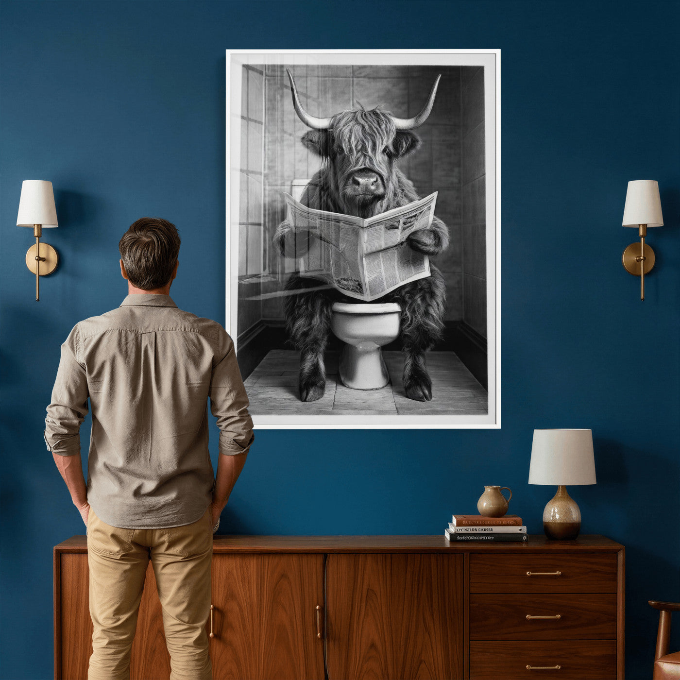 56930218-MGV-CV-24X36 - Funny Bathroom Canvas Wall Art, Texas Longhorn on Toilet Reading Newspaper, Humor Animal Print, Farmhouse Bathroom Decor, Quirky Cow Gift, Toilet Room Art