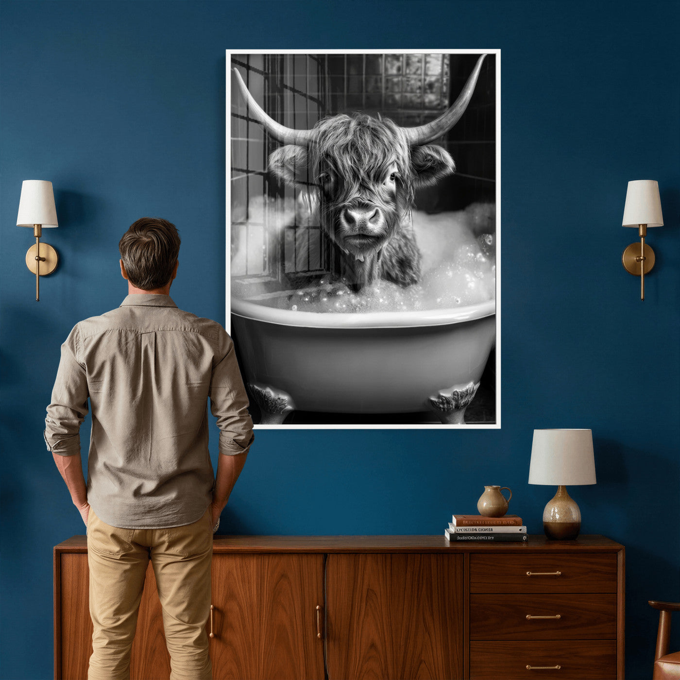 44020264-MGV-CV-24X36 - Highland Cow Bathtub Canvas Wall Art, Funny Bathroom Print Black White, Grumpy Cow Bubble Bath Decor, Animal Bathroom Art, Farmhouse Humor Print, Cute Cow Gift