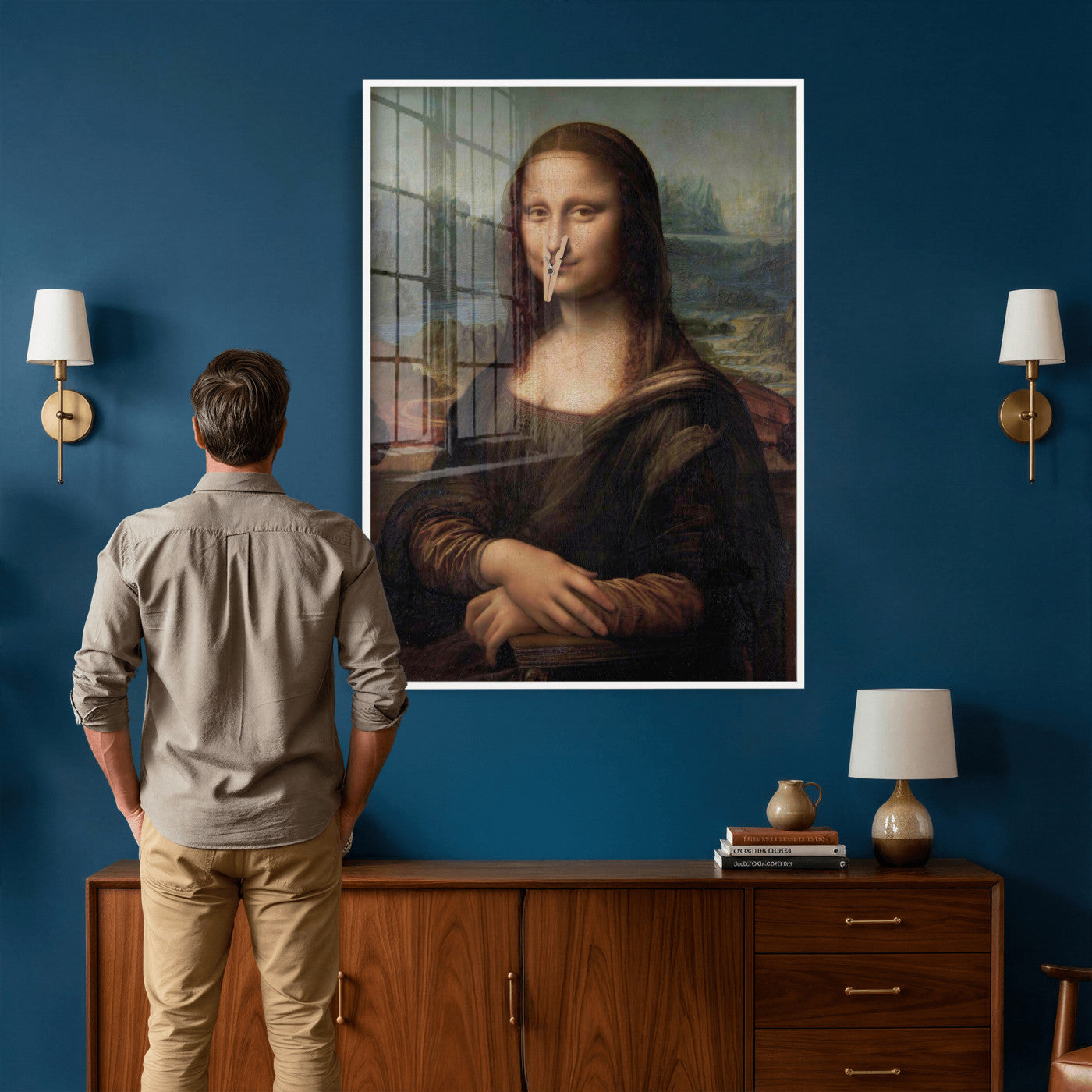 59125950-MGV-CV-24X36 - Funny Bathroom Canvas Wall Art Print, Mona Lisa Clothespin Nose Humor Decor, Classic Art Parody, Toilet Room Wall Art, Quirky Housewarming Gift, Eclectic Home Decor