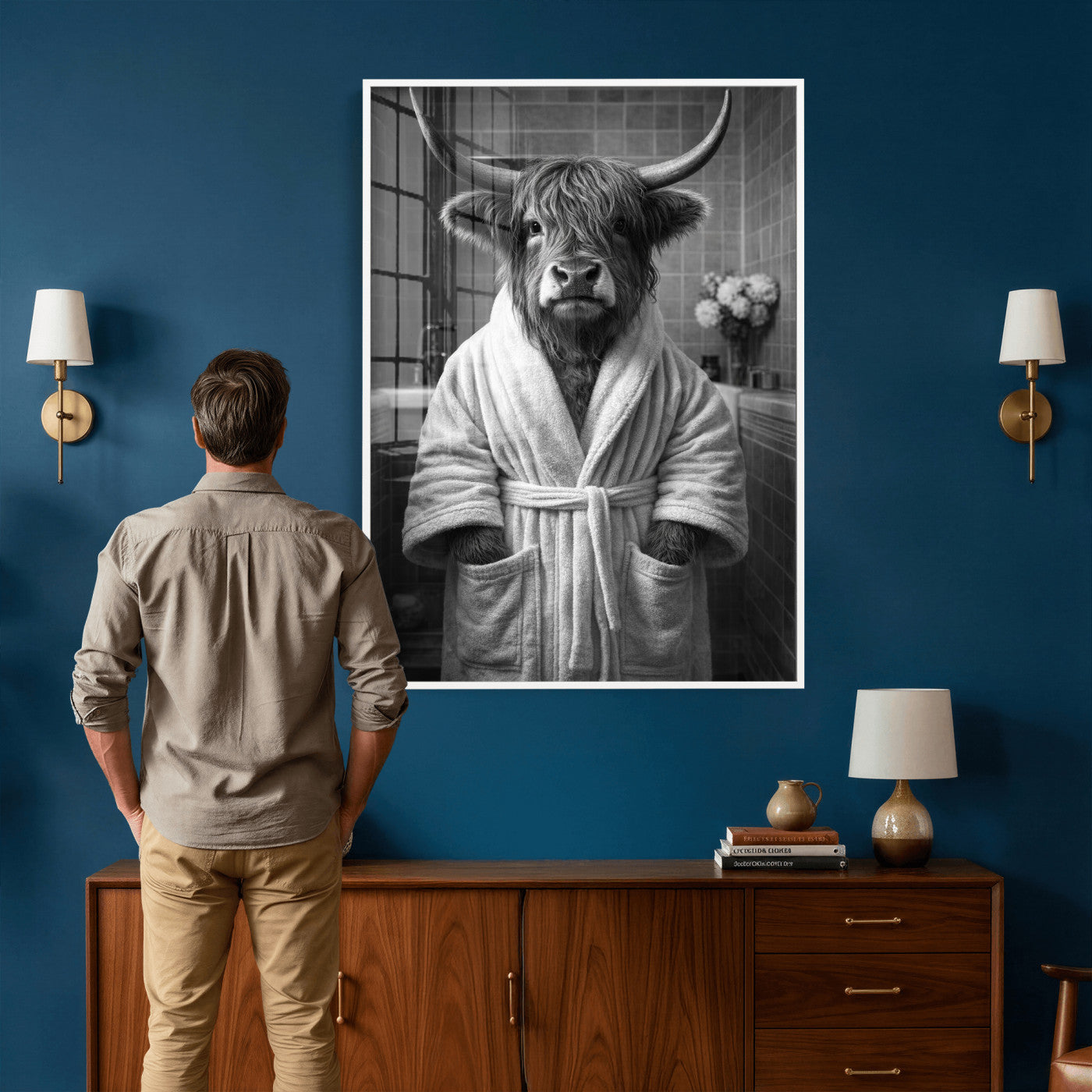 98453723-MGV-CV-24X36 - Funny Bathroom Wall Art Canvas Print, Highland Cow in Bathrobe, Black and White Humor Decor, Animal Bathroom Print, Farmhouse Bathroom Art