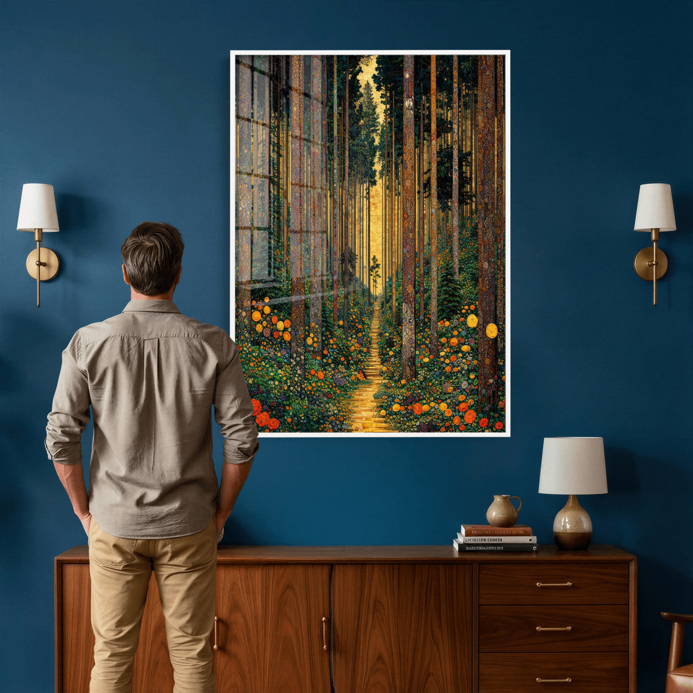 14391546-MGV-CV-24X36 - Gustav Klimt Style Forest Canvas Wall Art, Golden Forest Path Floral Art Nouveau Print, Enchanted Woodland Decor, Maximalist Colorful Nature Art