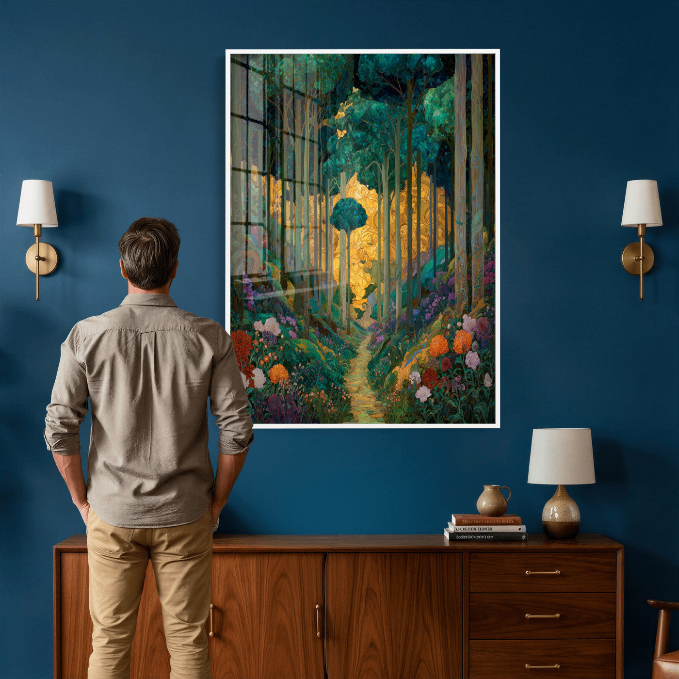 70159913-MGV-CV-24X36 - Gustav Klimt Style Forest Canvas Wall Art, Golden Forest Path Floral Art Nouveau Print, Enchanted Woodland Decor, Maximalist Colorful Nature Art