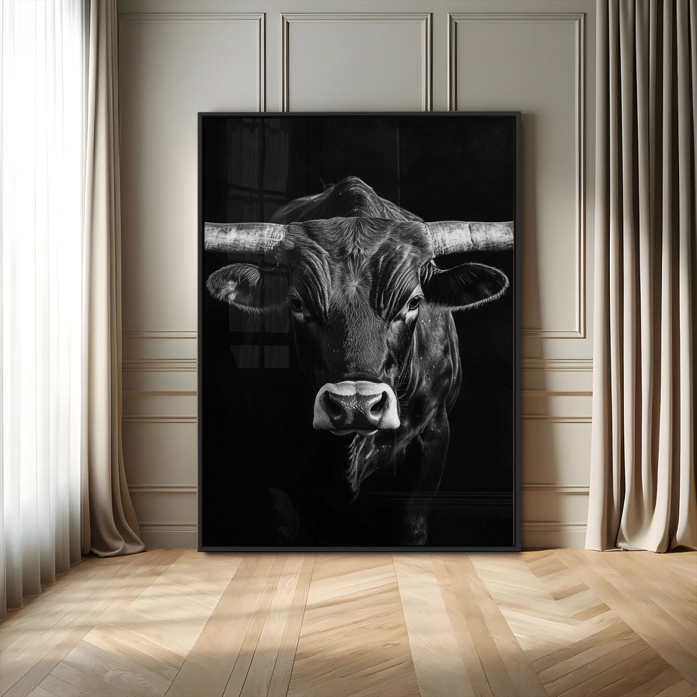 MGV-FP-48X32-3P - Texas Longhorn Wall Art Canvas Print, Framed Monochrome Bull Art Picture Print, Horned Bull Perfect Minimalist Western Decor Artwork