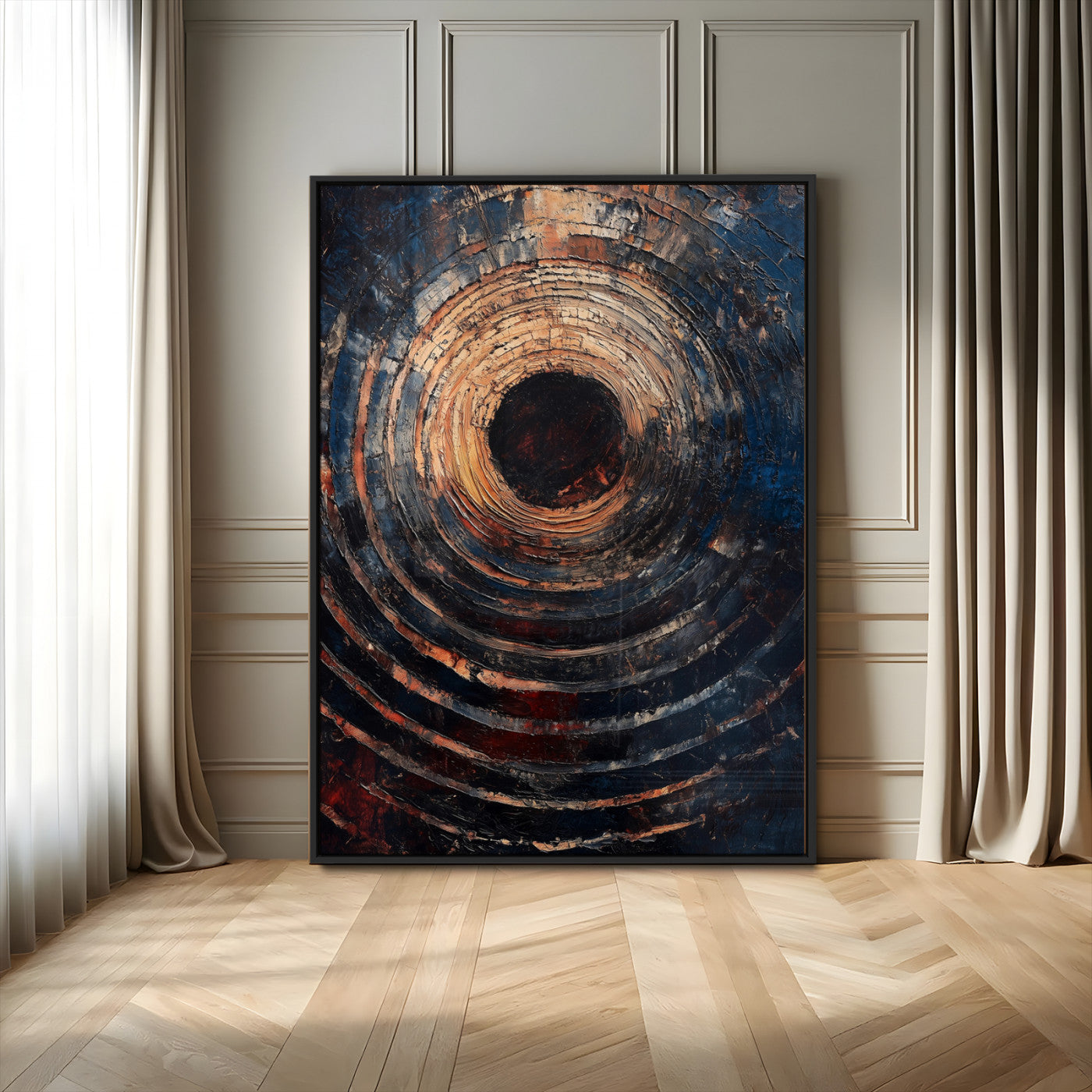 MGV-FP-48X32-3P - Textured Spiral Wall Art Canvas Print, Framed Abstract Void Art Picture Print, Wooden Vortex Perfect Modern Industrial Decor Artwork
