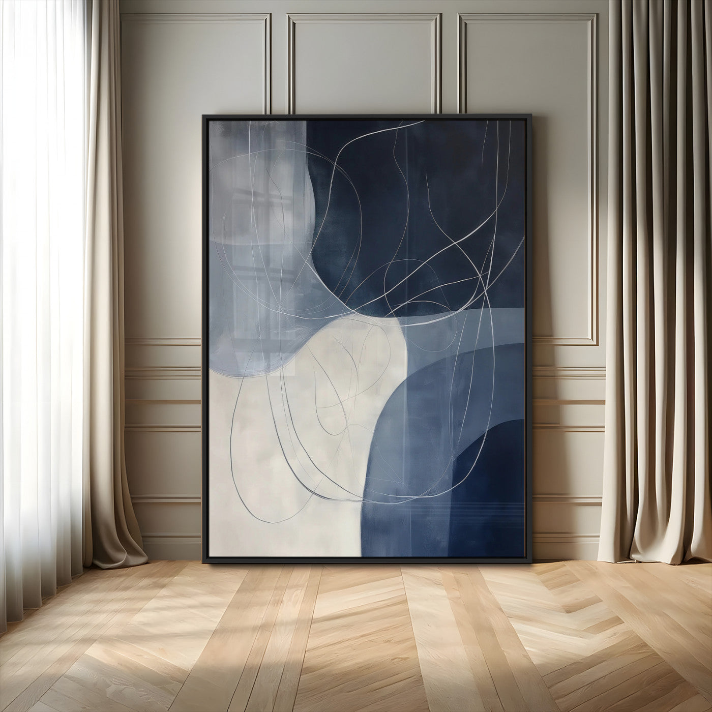 MGV-FP-48X32-3P - Navy Abstract Wall Art Canvas Print, Framed Minimal Lineart Art Picture Print, Abstract Shapes Perfect Minimalist Abstract Decor Artwork