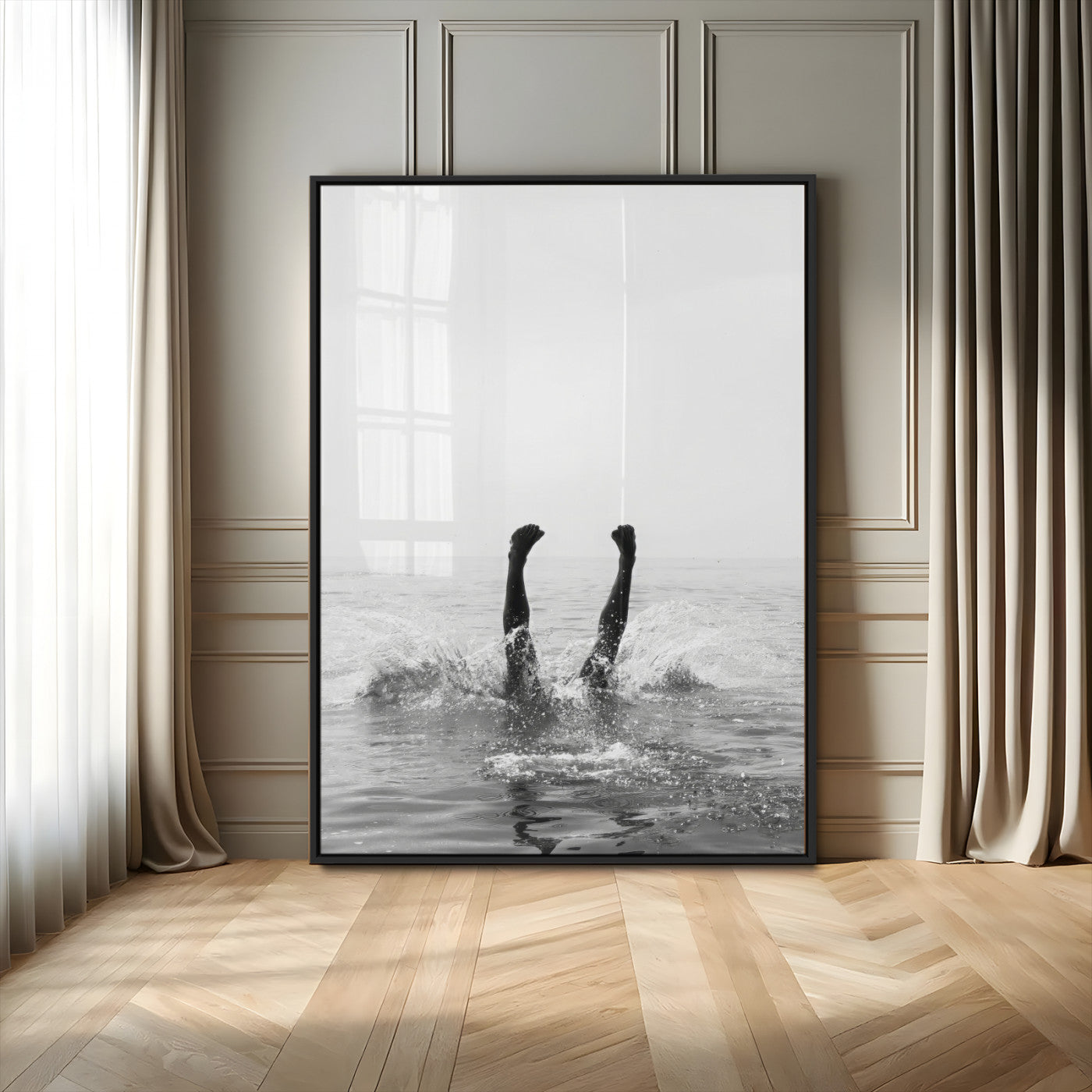 MGV-FP-48X32-3P - Minimal Ocean Wall Art Canvas Print, Framed Monochrome Diving Art Picture Print, Swimmer in Sea Perfect Minimalist Coastal Decor Artwork