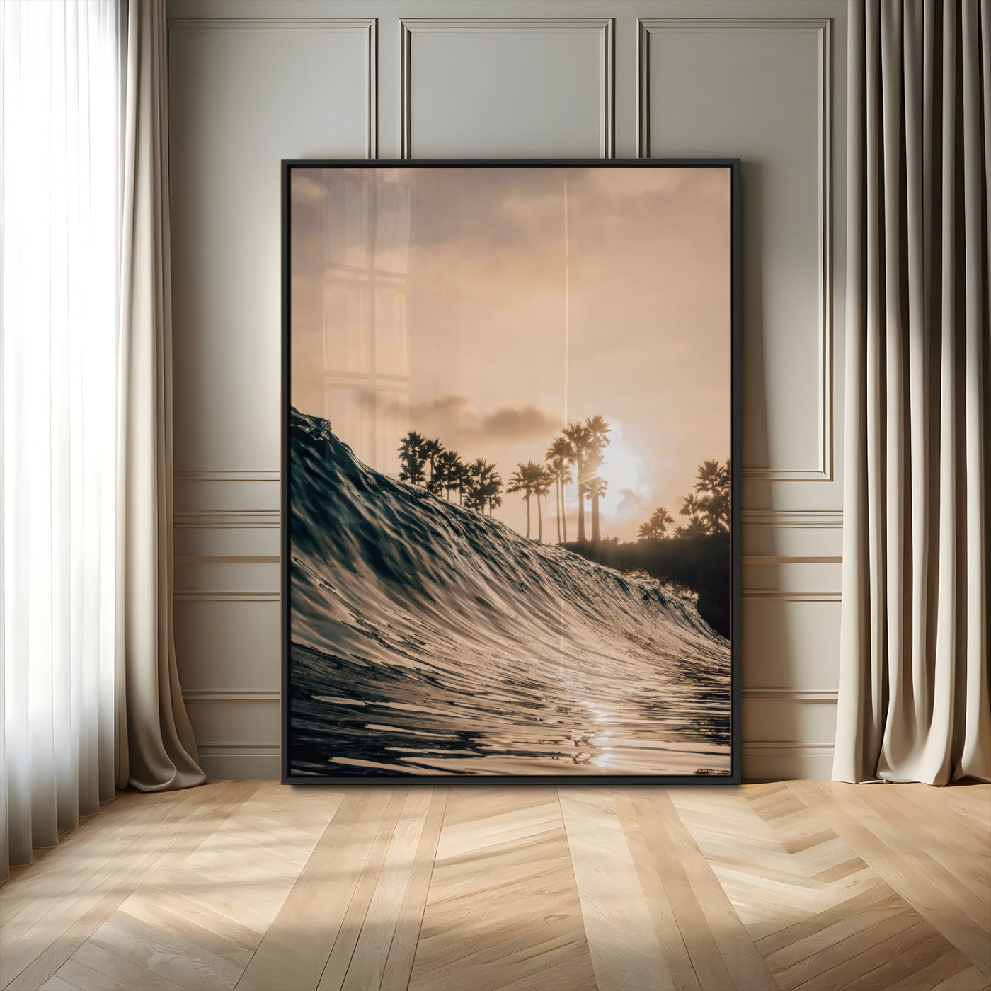 MGV-FP-48X32-3P - Golden Hour Ocean Wave Wall Art Canvas Print, Framed Tropical Beach Sunset Art Picture Print, Palm Tree Silhouettes Perfect Tropical Coastal Decor Artwork