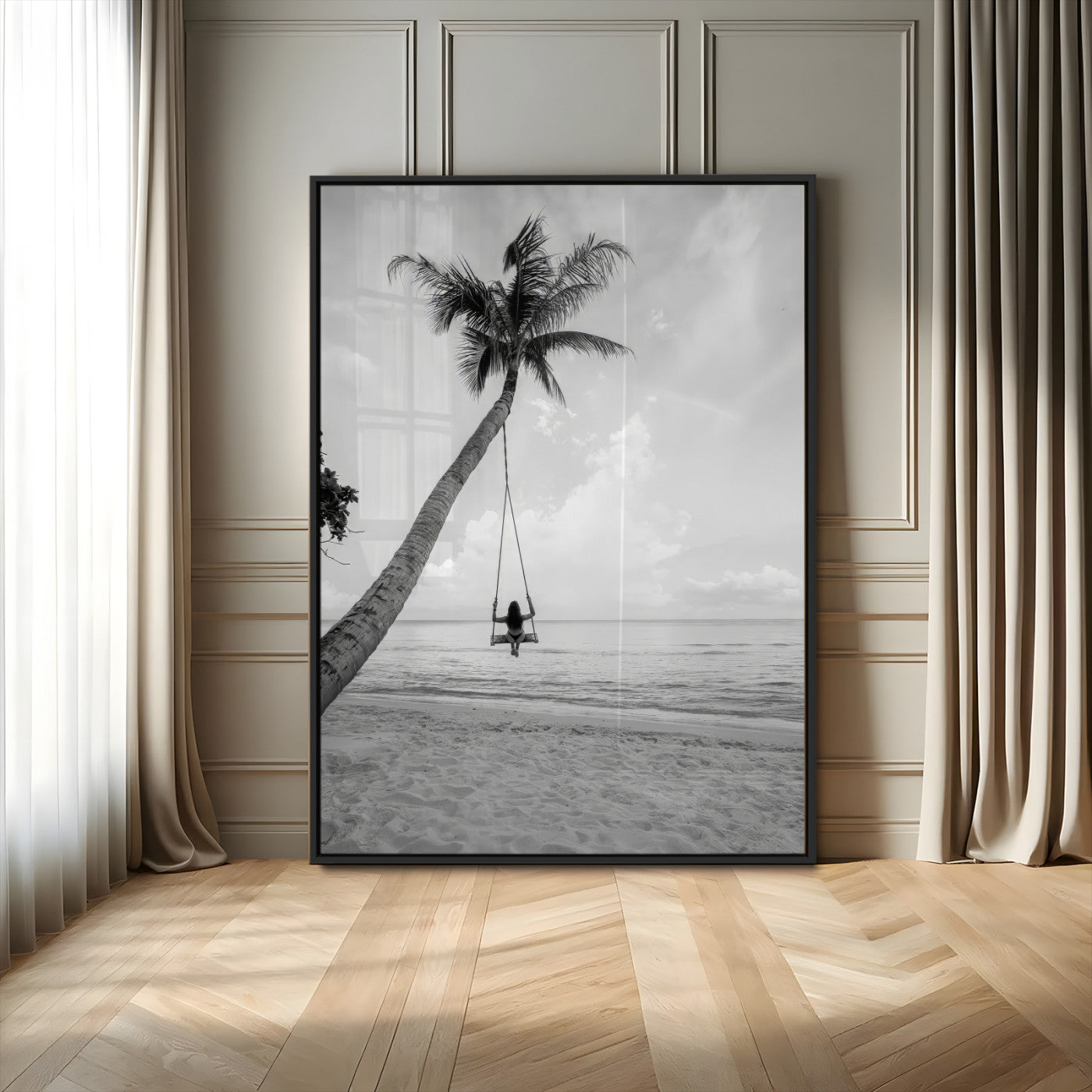 MGV-FP-48X32-3P - Black White Palm Tree Wall Art Canvas Print, Framed Minimalist Beach Swing Art Picture Print, Monochrome Coastal Perfect Minimalist Coastal Decor Artwork