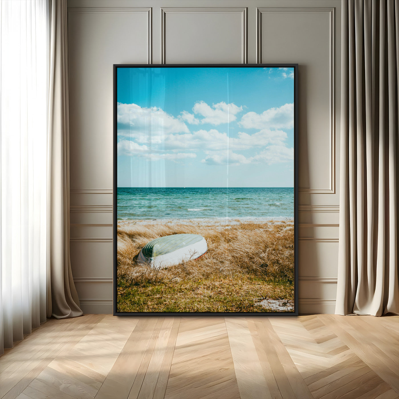 MGV-FP-48X32-3P - Coastal Serenity Wall Art Canvas Print, Framed Ocean View Art Picture Print, Rustic Boat Perfect Nautical Coastal Decor Artwork