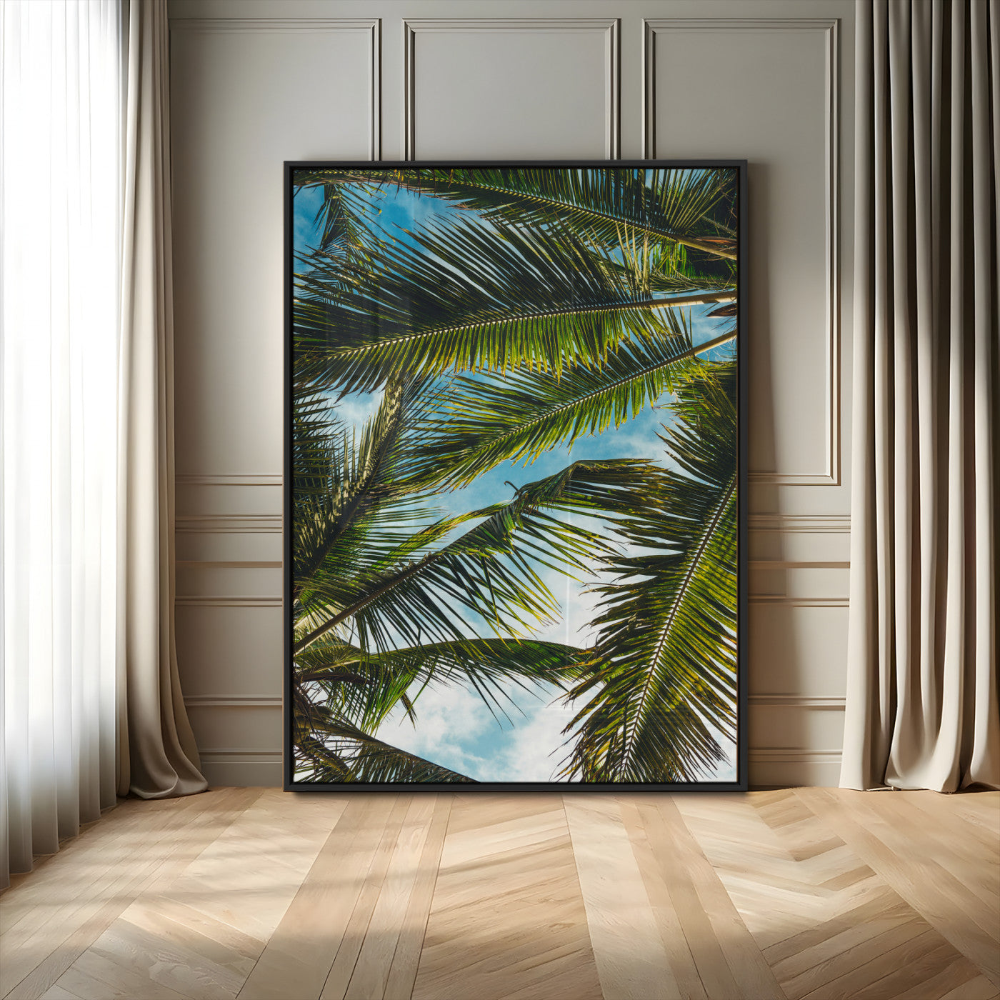 MGV-FP-48X32-3P - Palm Leaves Wall Art Canvas Print, Framed Tropical Vibes Art Picture Print, Green Foliage Perfect Tropical Boho Decor Artwork